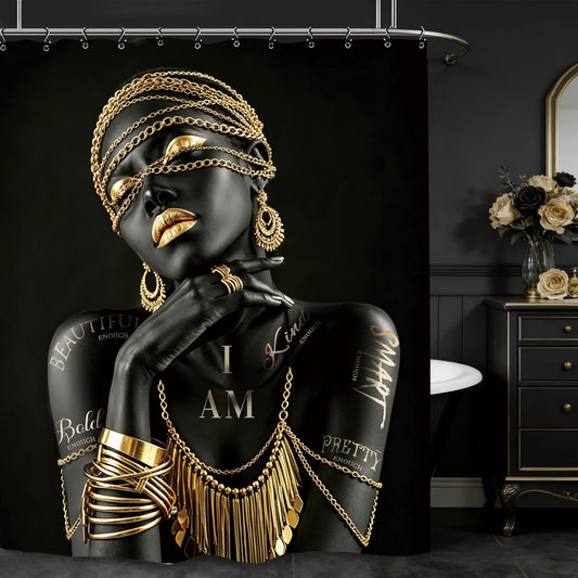 Yookeb African American Flower Bathroom Shower Curtain 60W by 71H Inch Black Gold Girl Woman Sexy Quotes Inspirational Motivational Positive Polyester Fabric 12 Hooks Waterproof Decor