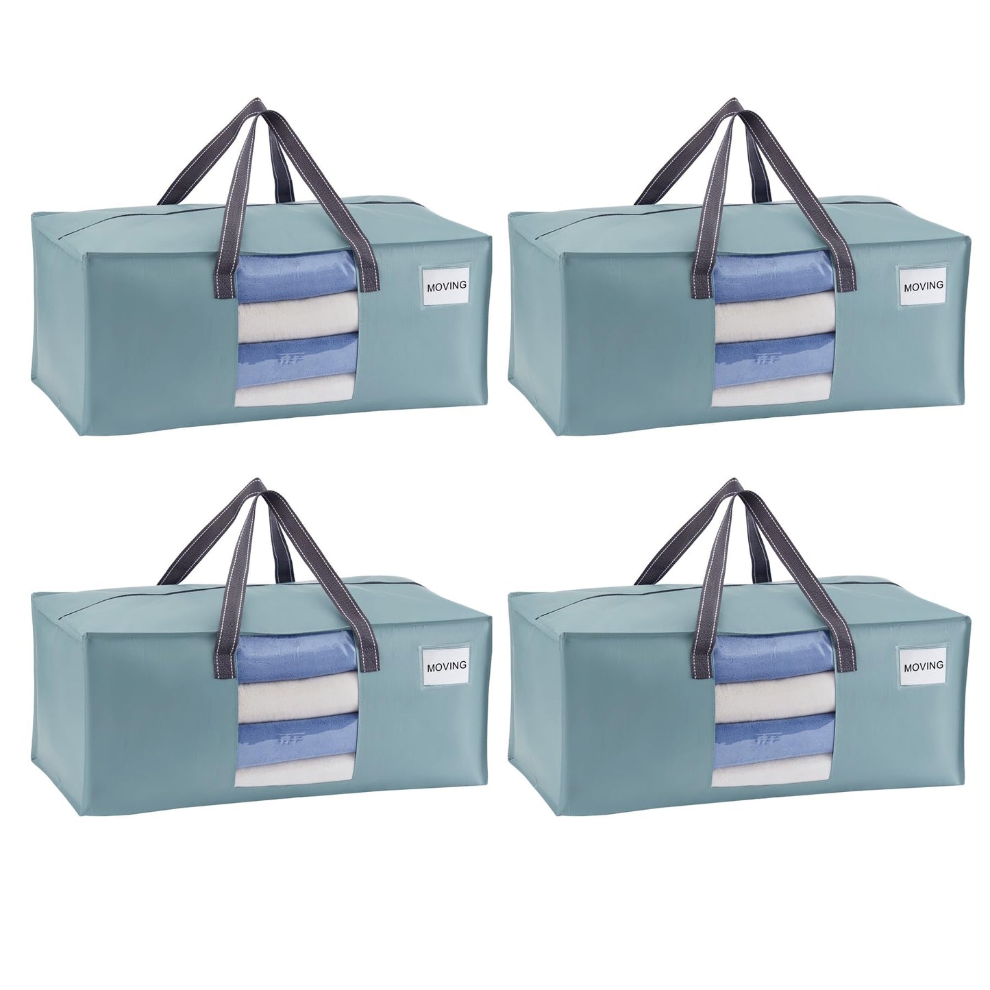 VENO 4 Pack Heavy Duty Moving Bags, Packing Bags with Clear Window, Alternative to Moving Boxes, Storage Bins for Clothes, Blankets, Comforters, College Dorm Essentials (Light Blue Matte, 4 Pack)