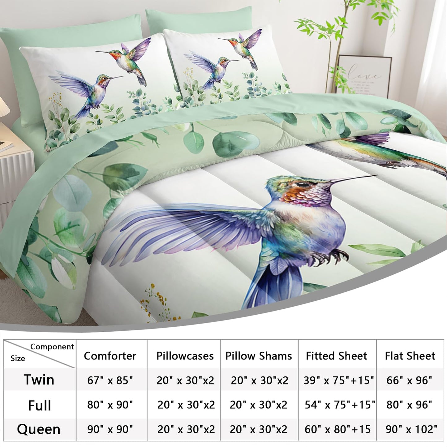 AILONEN Hummingbird Comforter Set,7-Piece Boho Green Forest Leaf Hummingbird Bedding Set Bed in a Bag Twin Size,Cute Birds Animal Comforter & Fitted Sheet & Flat Sheet & 2 Pillowcases,Soft Microfiber