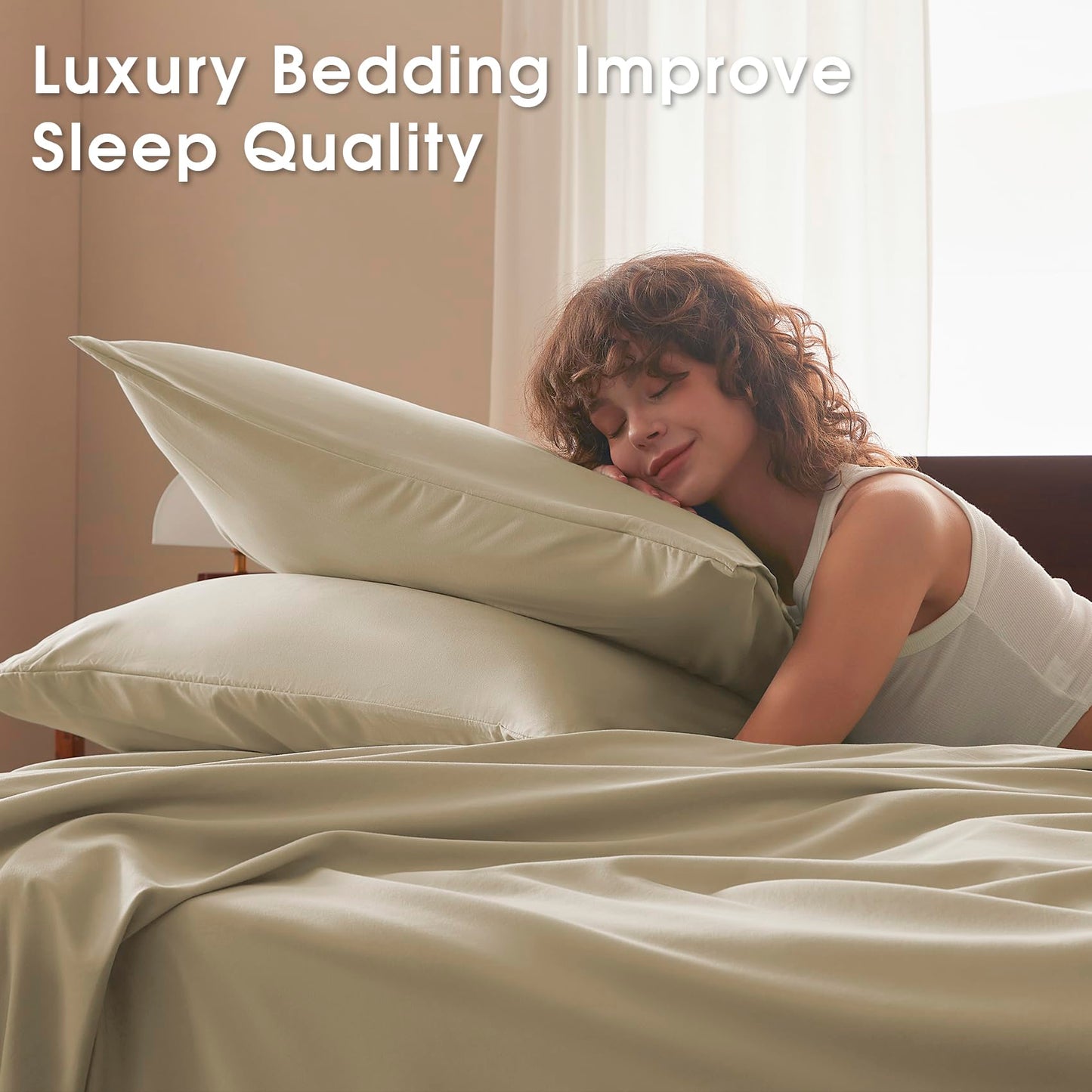 USXIBEI Queen Size 4 Piece Sheet Set - Comfy Breathable & Cooling Bed Sheets Set, Soft and Wrinkle Free, Deep Pockets, Easy & Secure Fit, Hotel Luxury Bedding - Oeko-Tex - Beige
