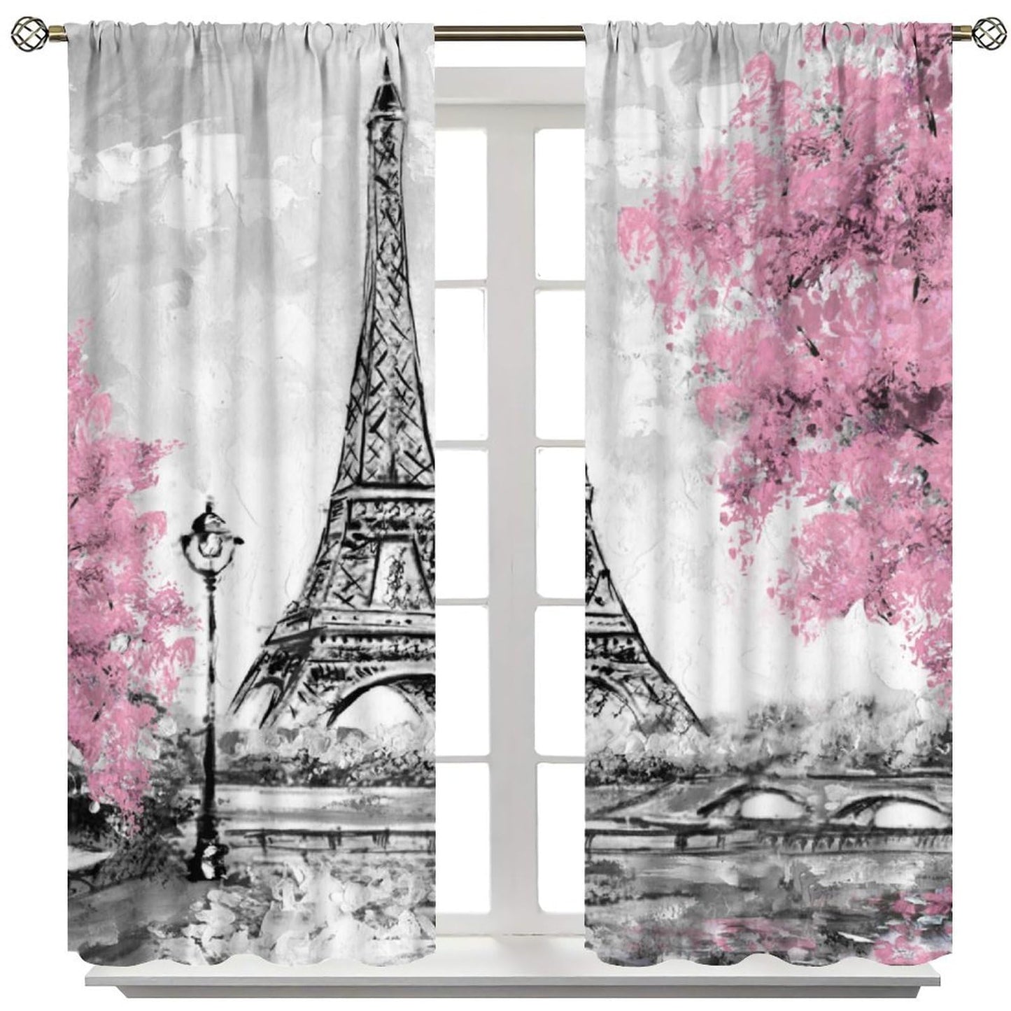 Eiffel Tower Curtains Pink Scene Romantic Decor Paris Eiffel Tower Cityscape Rod Pocket Window Treatments for Girls Women Bedroom Living Room 2 Panels 41" x 45" （No Blackout）