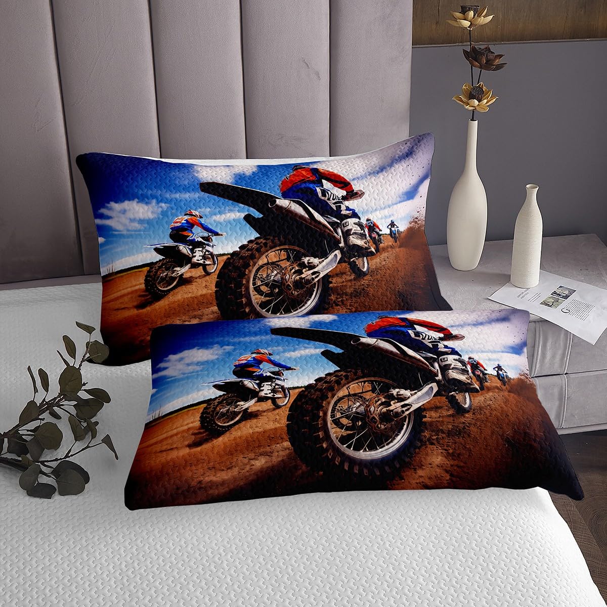 Feelyou Motorbike Fitted Sheet Dirt Bike Bed Sheet Sports Motorcycle Bedding for Kids Boys Teens Queen Size Motocross Racer Sheet Set Includes 1 Sheets & 2 Pillowcases (No Flat Sheet)