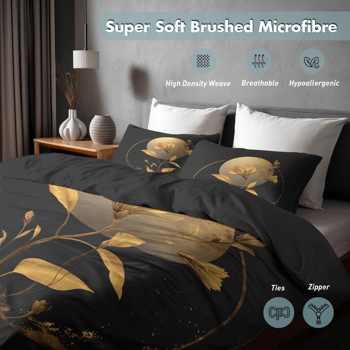 Golden Floral Moon Full Duvet Cover Set 3 Piece, Black Flower Reversible Bedding with 2 Pillow Shams, Zipper & Ties, Ultra Soft Microfiber, Floral Bedroom Decorations 69A-R