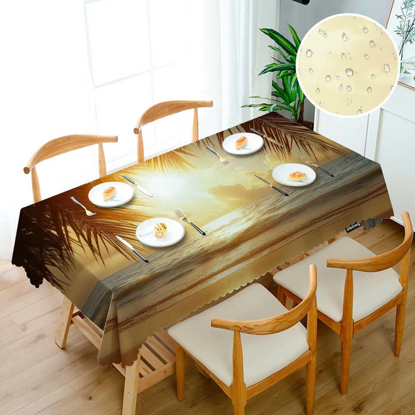 Swono Beach Palm Tree Table Cover Sunset Ocean Sea Waves Coast Palm Leaf 50x72 Inch Table Cloth for Rectangle Tables Buffet Parties Coffee BBQ and Dinning Tablecloth