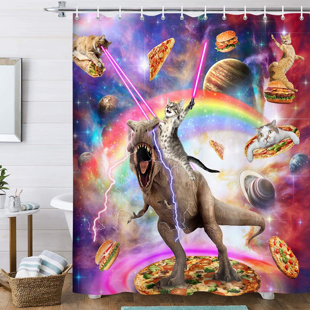 Funny Cat Shower Curtain - Cool Cat Riding Dinosaur on Galaxy Space - Cute Hilarious Anime Fabric Boys Girls Shower Curtain for Bathroom with 12PCS Hooks, 70X70IN