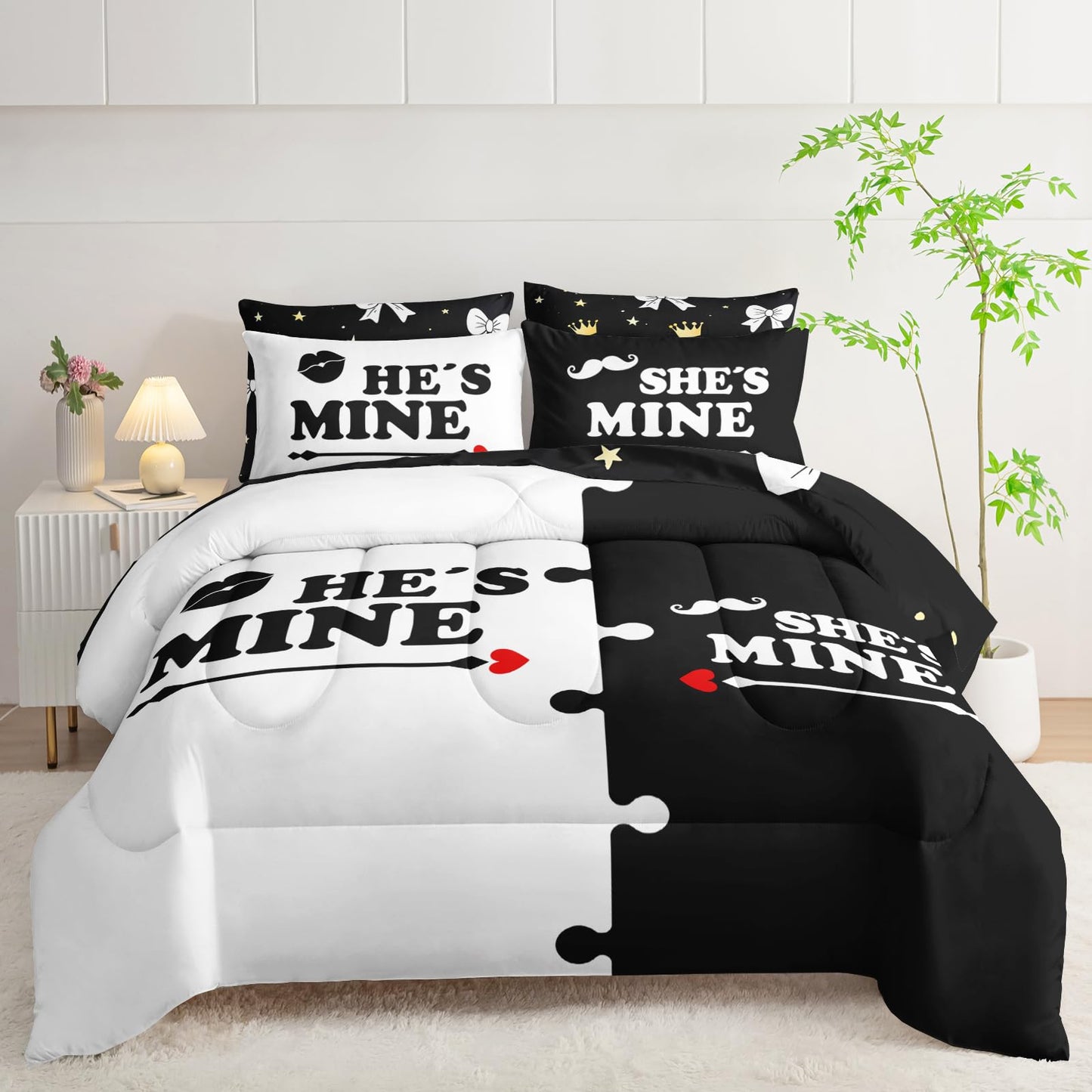 AILONEN Black and White Couple Comforter Set Full Size,7-Piece Soft Bed in a Bag,Valentine His Hers Comforter & Fitted Sheet & Flat Sheet & 2 Pillowcases,2 Pillow Shams for Bedroom