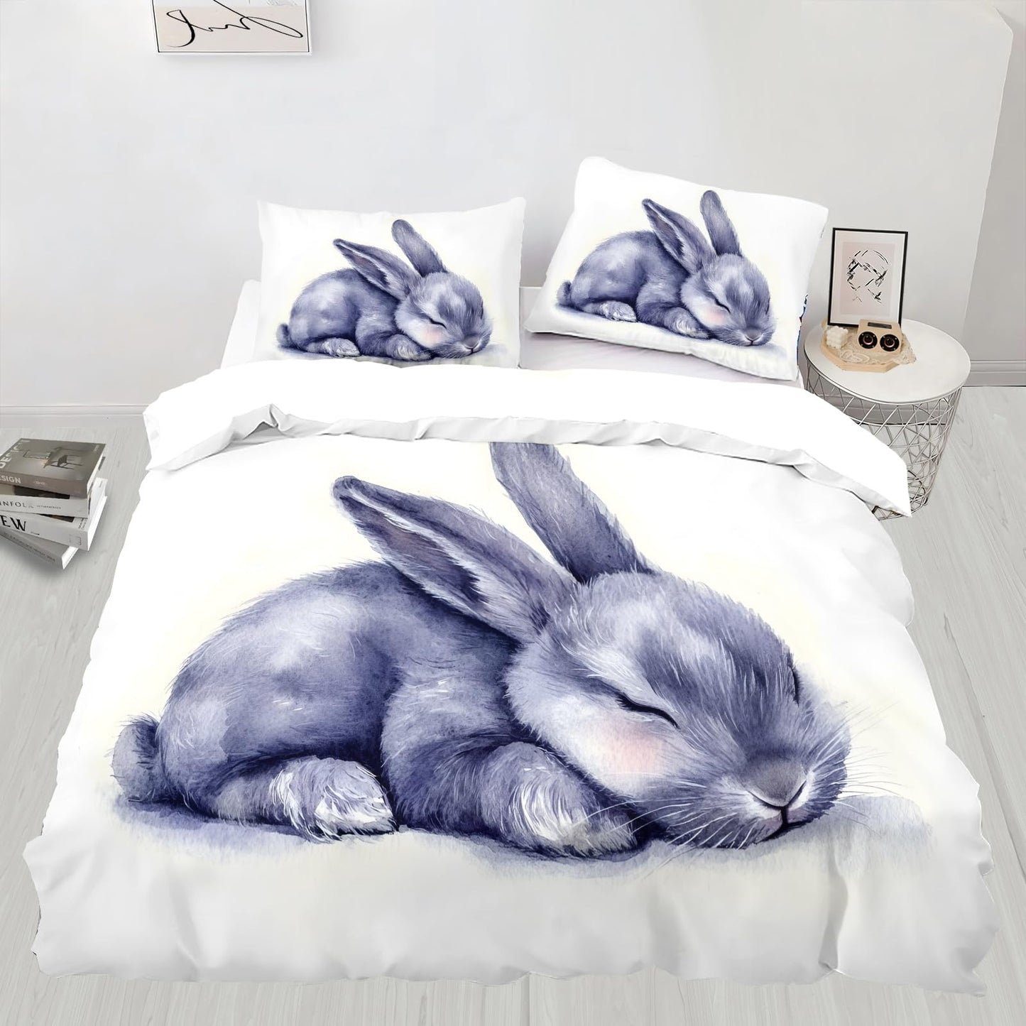 PAISUOQ Rabbit Duvet Cover Queen, Cute Animal Bedding Sets, Sleeping Bunny Comforter Cover with 2 Pillowcases, 3 Pieces with Zipper & Ties, Dorm Decor & Gifts