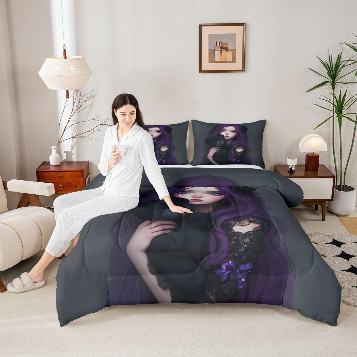 Erosebridal Anime Girl Comforter Set Twin for Kids, Kawaii Girl Duvet Insert Japanese Style Down Comforter for Girls Adult Japanese Animation Bedding Set for Bedroom Decor 1 Pillow Cases