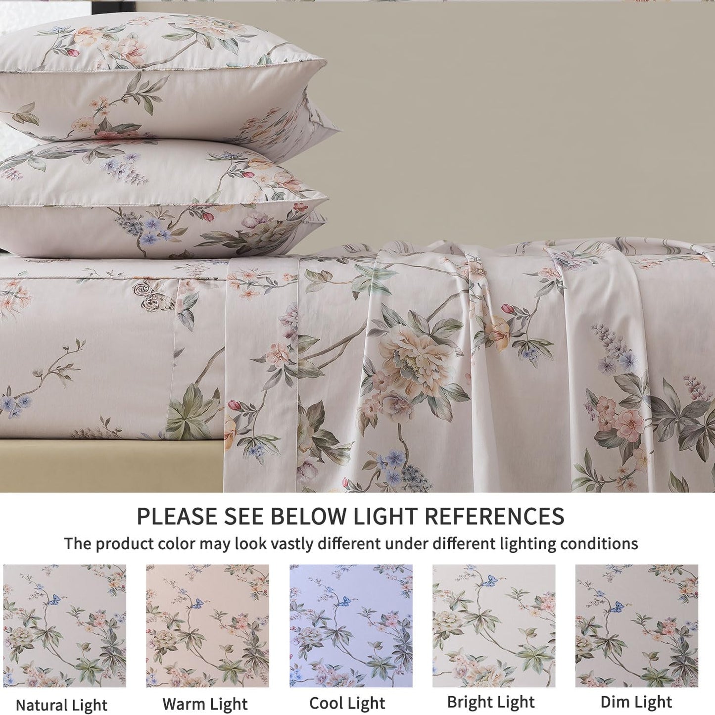 FADFAY Queen Size Sheets Set – 4 Pieces Percale Cotton Deep Pocket Fitted Sheet, Crisp, Breathable & Soft, Country Style Floral & Butterfly Pattern Bedding for All Seasons