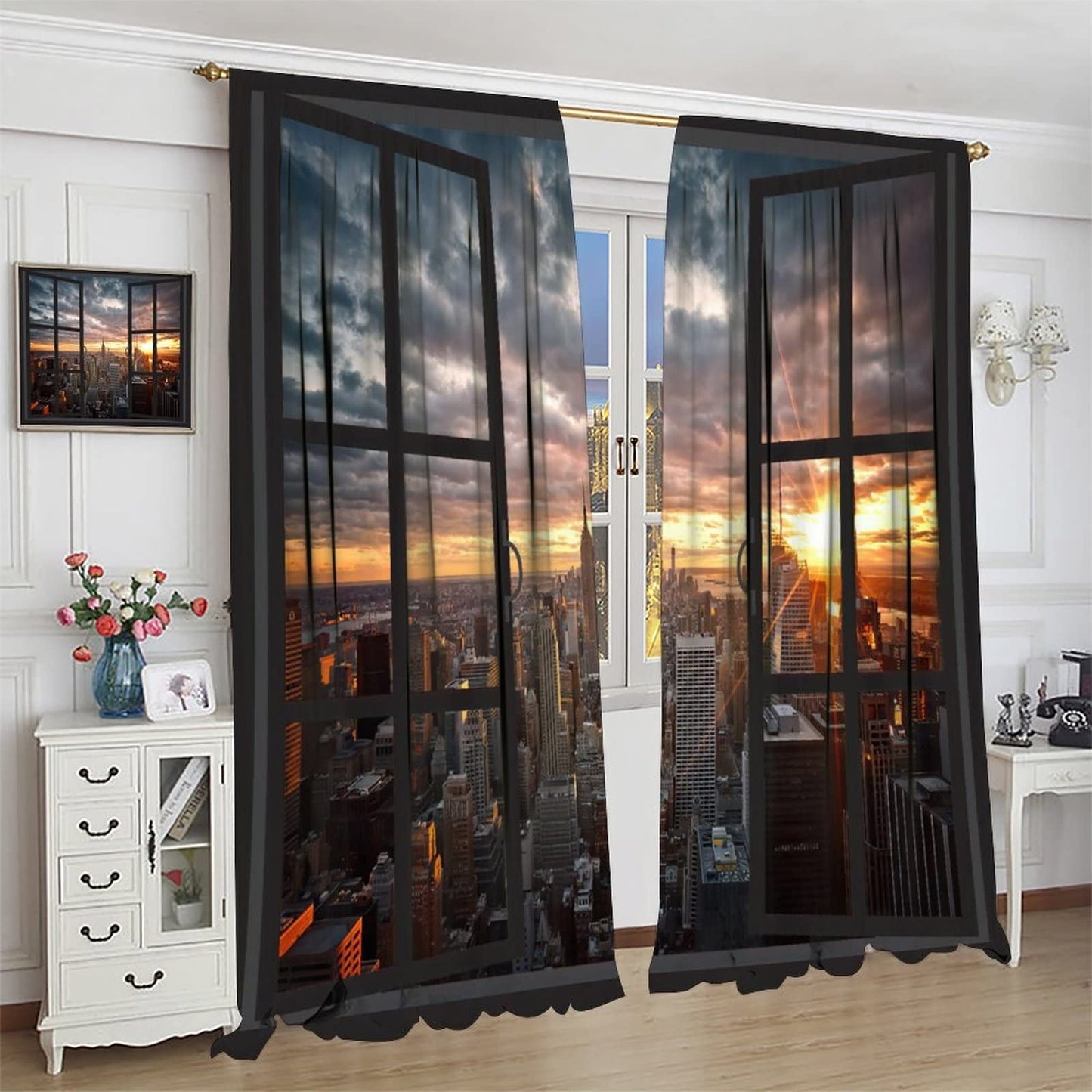 New York Blackout Curtains,Modern NYC Scenery at Sunset Dawn with Skyscrapers Buildings Rod Pocket Window Door Curtains for Living Room Bedroom Office Decor W42xL45in
