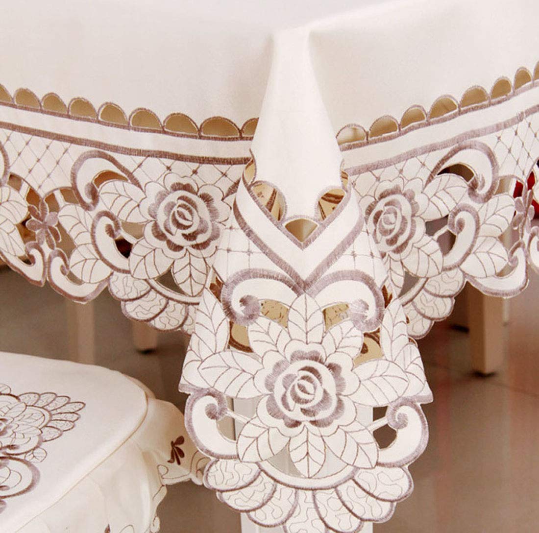 LeLehome Brown Flower Embroidered Lace Cream Beige Square Tablecloth, Vintage Classic Dining Table Cloth Wrinkle Free Table Cover 57 Inch x 57 Inch Party