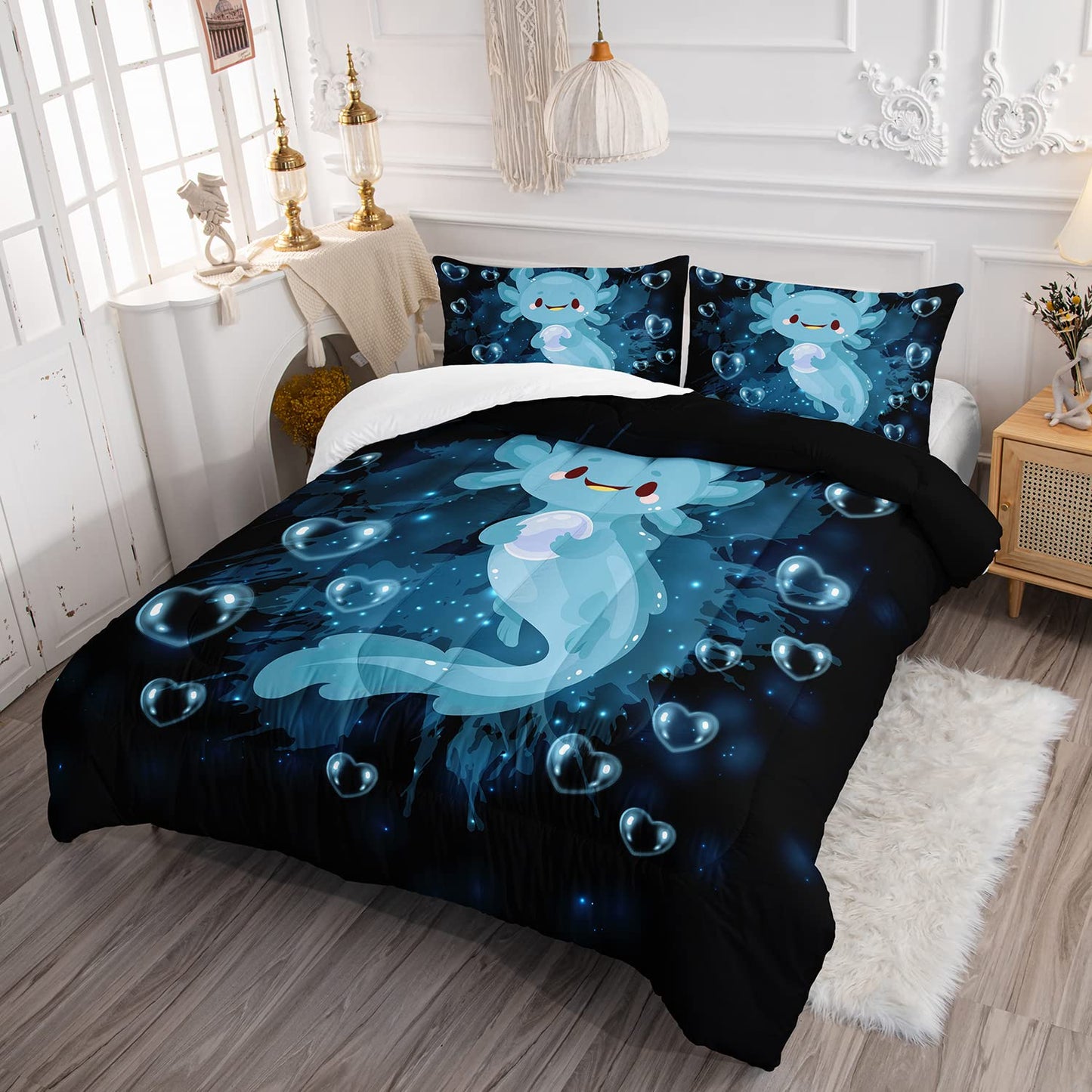 HOSIMA Axolotl Comforter Set Blue Axolotl Pattern Kawaii Bed Set for Kids Bedroom Decor,Twin Bed Set for Girls with 2 Pillowcases.
