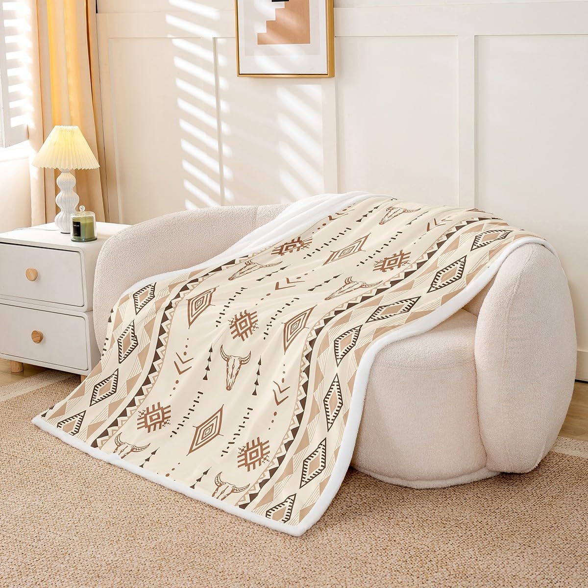 Erosebridal Bohemian Aztec Fleece Blanket Twin Size, Western Bull Skull Sherpa Blanket, Geometric Farmhouse Fuzzy Plush Throw, Southwestern Native Decor for Sofa Couch