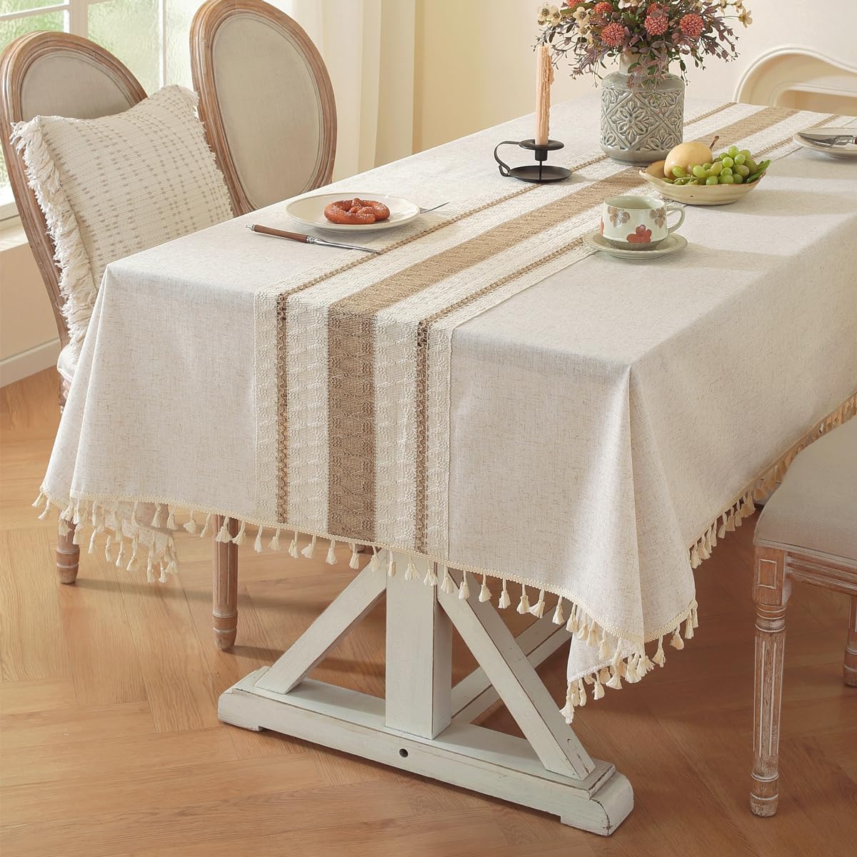 Colorigan Table Cloth, Cotton Linen Tablecloths Heavy Duty Wrinkle Free Table Cover with Tassels for Farmhouse Kitchen Dining Tables, Brown Lines,6-8 Seats