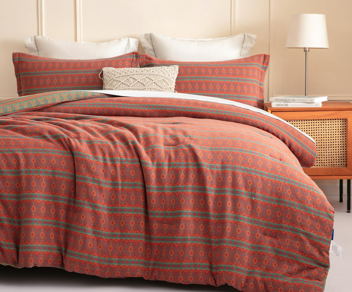 SLEEPBELLA Washed Double Layer Muslin 100% Cotton Comforter Set King Size, Boho Fluffy Thick Checked Bedding Set, Soft Breathable (1 Comforter, 2 Pillow Shams)