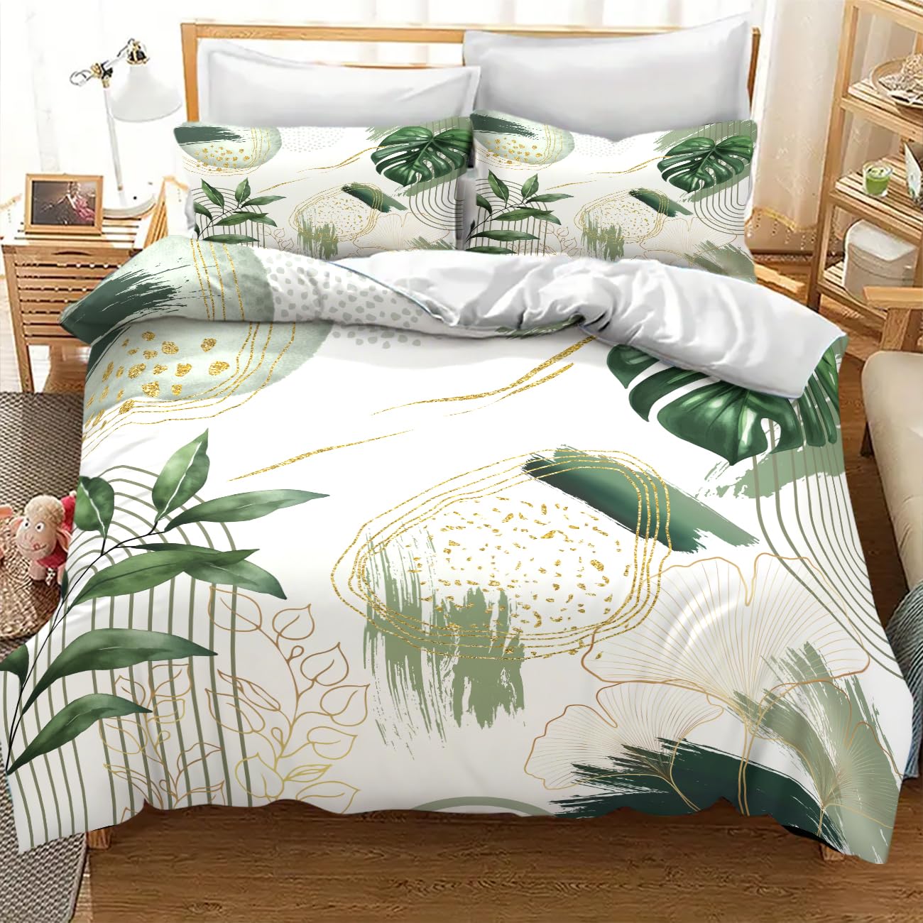 Lnepty Boho Leaf Bedding Set,Mid Century Palm Tropical Leaf Abstract Geometric Modern Minimalism Green Comforter Set with Pillowcase for Bedroom Bed Decor，Twin 86"x70"