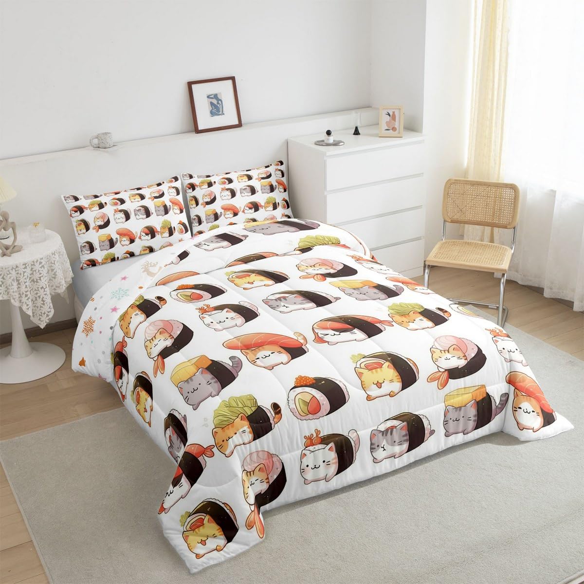 Erosebridal Kids Sushi Comforter Set Queen,Cute Sushi Cat Bedding Set Kawaii Gifts for Girls Teens Women,Japanese Food Quilt Bed Set Anime Style Bedding Comforter Sets with 2 Pillowcases Room Decor