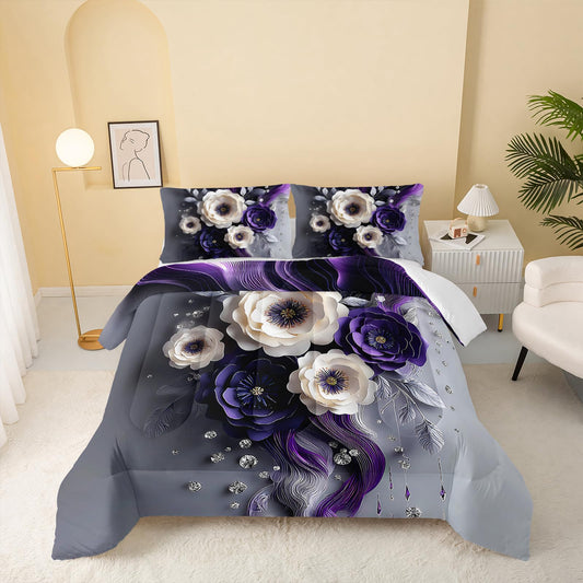 QOOMO Purple Flowers Kids Bedding Set,Cartoon Plants Comforter Set Queen Size for Boys Girls Teen Room Decorat,Soft Lightweight Bed Set All Season,1 Comforter 2 Pillowcases