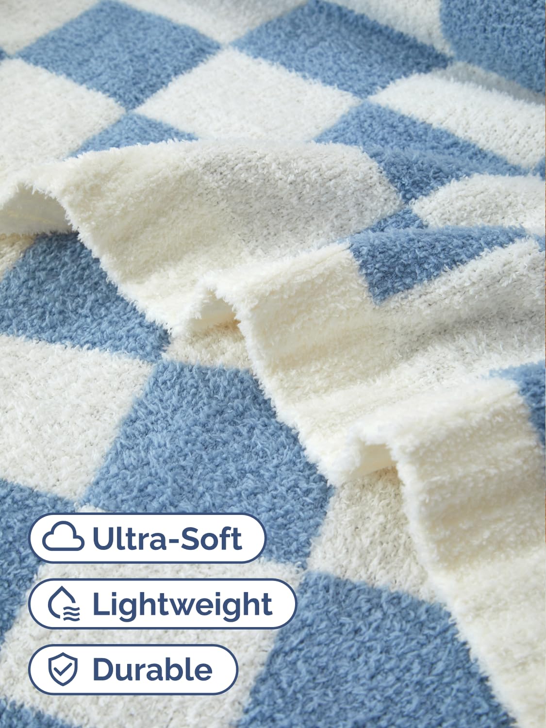 Super Soft Throw Blanket - Checkered Blanket for Couch, Bed, Sofa, Chair - Lightweight Warm Double Sided Knit - All Season Cozy, Fuzzy, Anti-Static Microplush Blanket for Women - 50x60 (Blue/Cream)