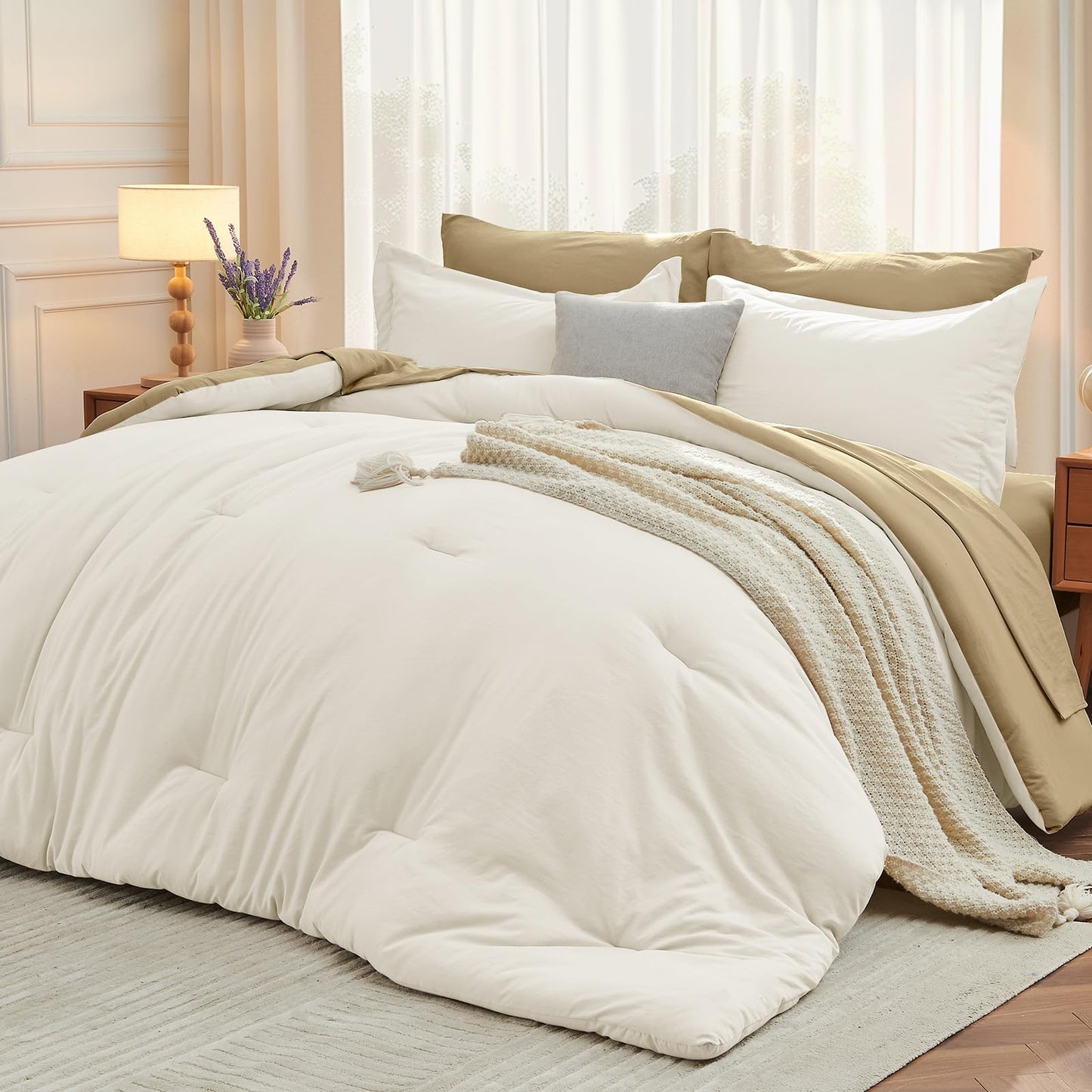 MUXHOMO 7 Pieces King Comforter Set, Soft Bed in a Bag King Size, All Season Bedding Set with Comforter, Flat Sheet, Fitted Sheet, Pillowcases & Shams, Ivory & Khaki