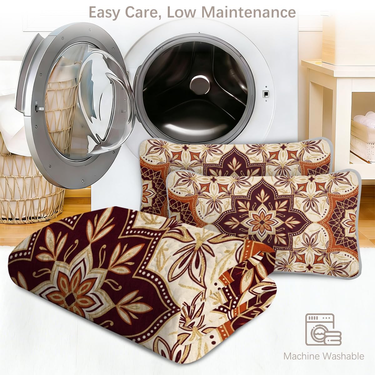 Boho Medallion Quilt Set, Warm Terracotta and Cream Lightweight Microfiber Bedspread with Matching Pillow Shams, Decorative Stitching for Cozy Bedroom Decor, Full/Queen