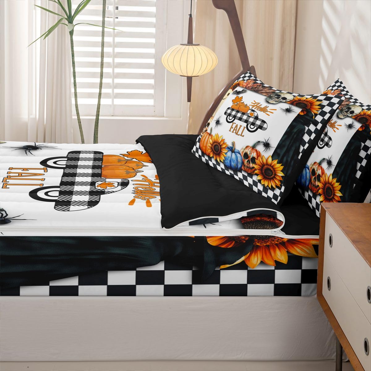 Feelyou Pumpkin Car Zipper Bedding Sets Kids Sugar Skull Bat Print Queen Comforter Set with Fitted Sheet Autumn Plants Themed Plaid Comforter Halloween Style Bed in A Bag