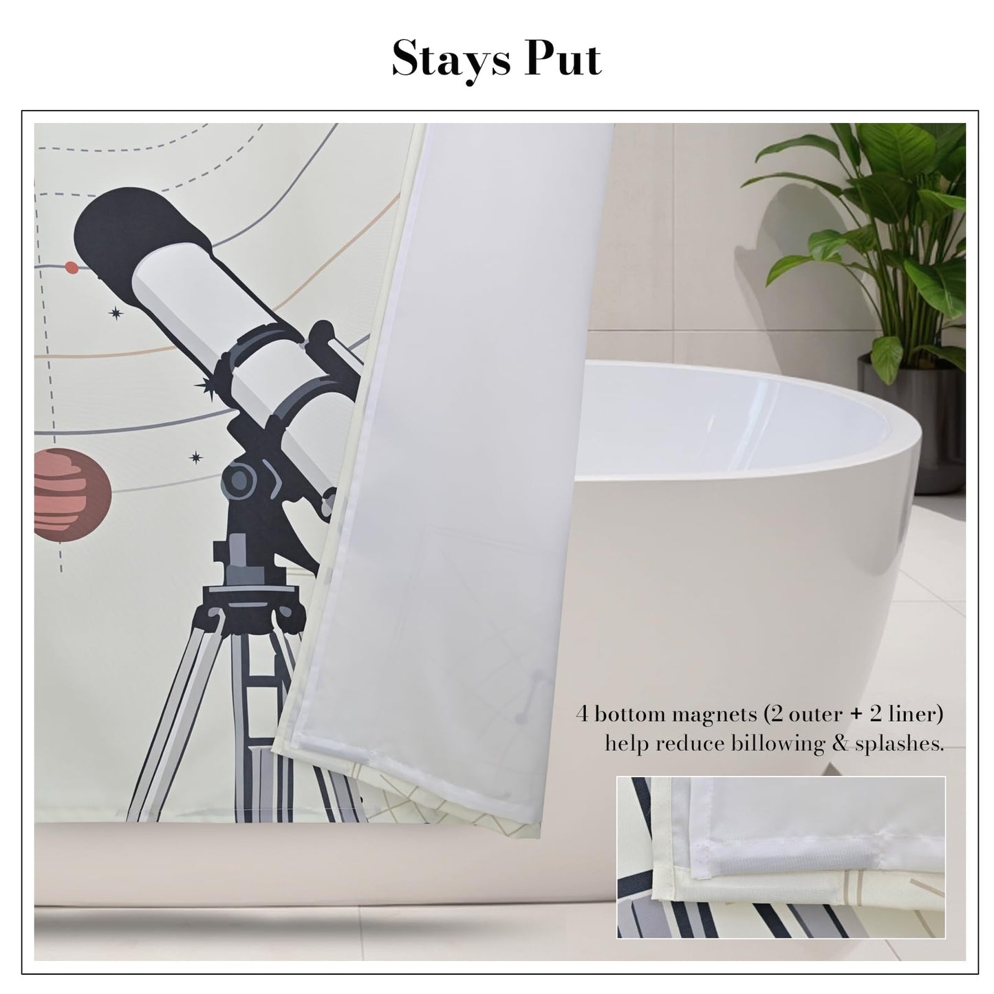 DRIFTED ROOT NASA Licensed No Hook Shower Curtain Set, Orbits and Telescope Design, Space Poster Art, Oxford Cloth, Bathroom Hotel Decor (Home Observatory-White, 72" W x 74" L (Pack of 1))
