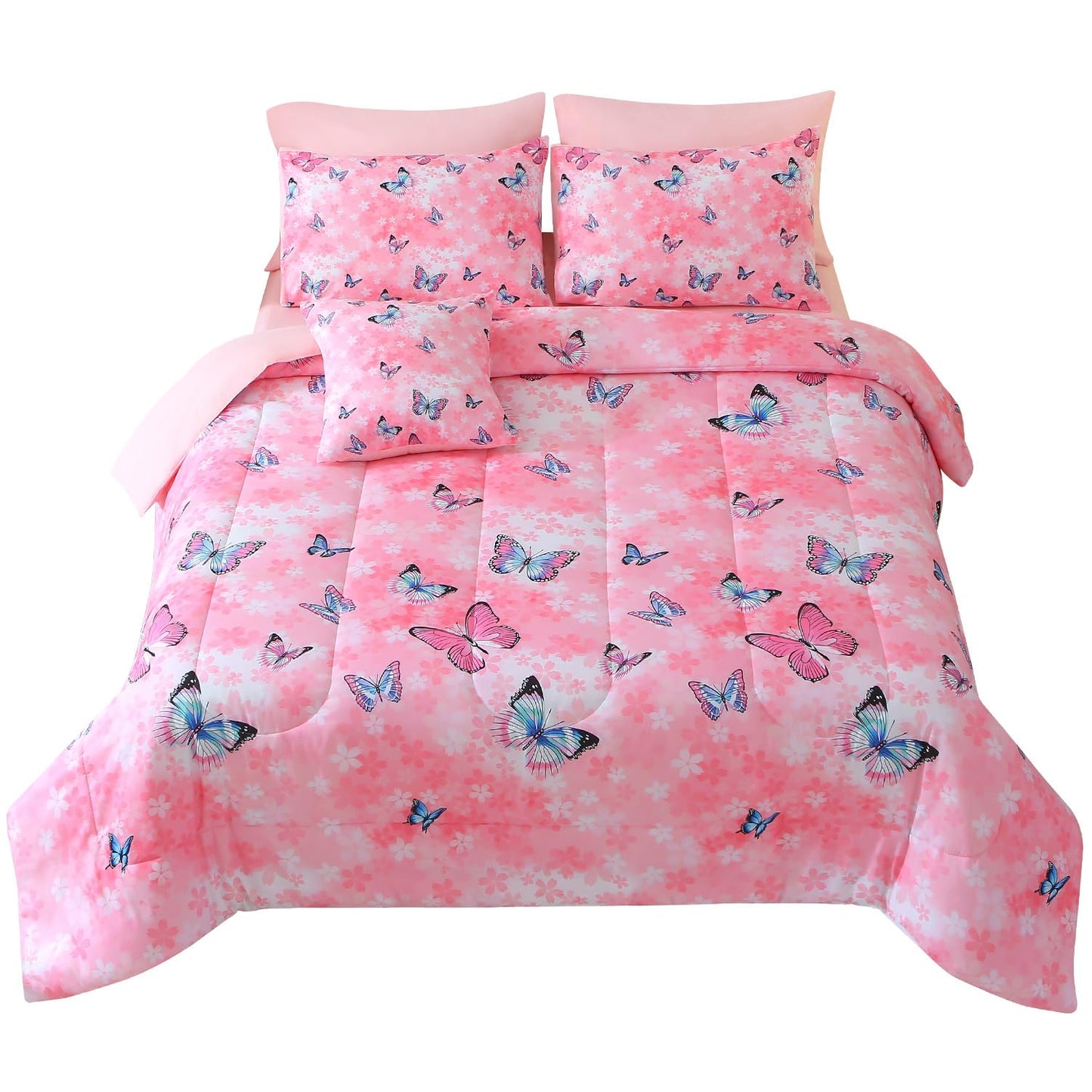 JQinHome 6 Piece Butterfly Comforter Set Twin, 3D Pink Flower Printed Bedding Set, All Season Microfiber Butterfly Theme Home Decor Bedding for Girls with Sheet Sets (Pink)