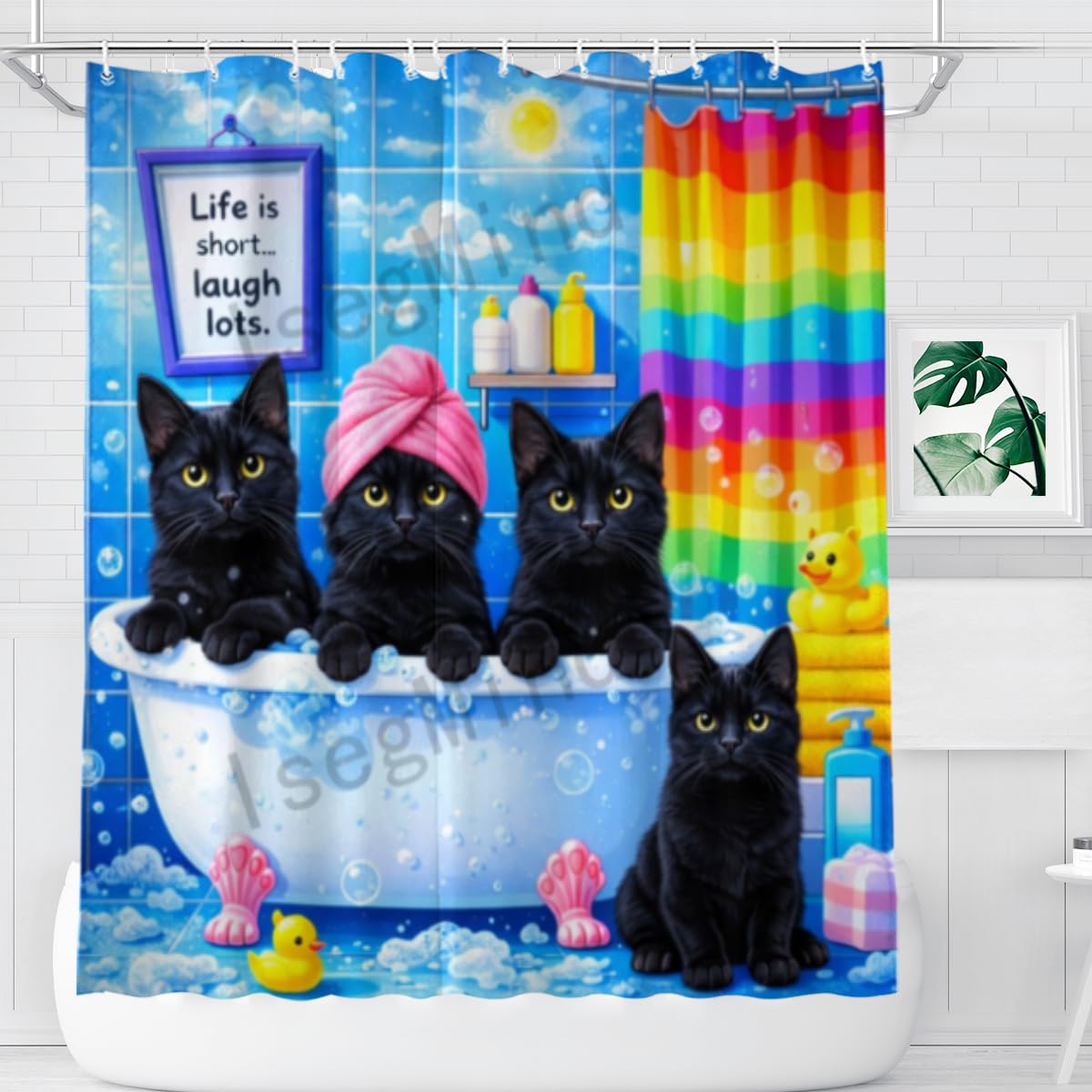 IsegMind Funny Animal Shower Curtain 72x72 Inch, Cute Black Cat Bath Time Scene with Bubbles and Rainbow Bathroom Decor, Playful Cartoon Style Bath Curtain