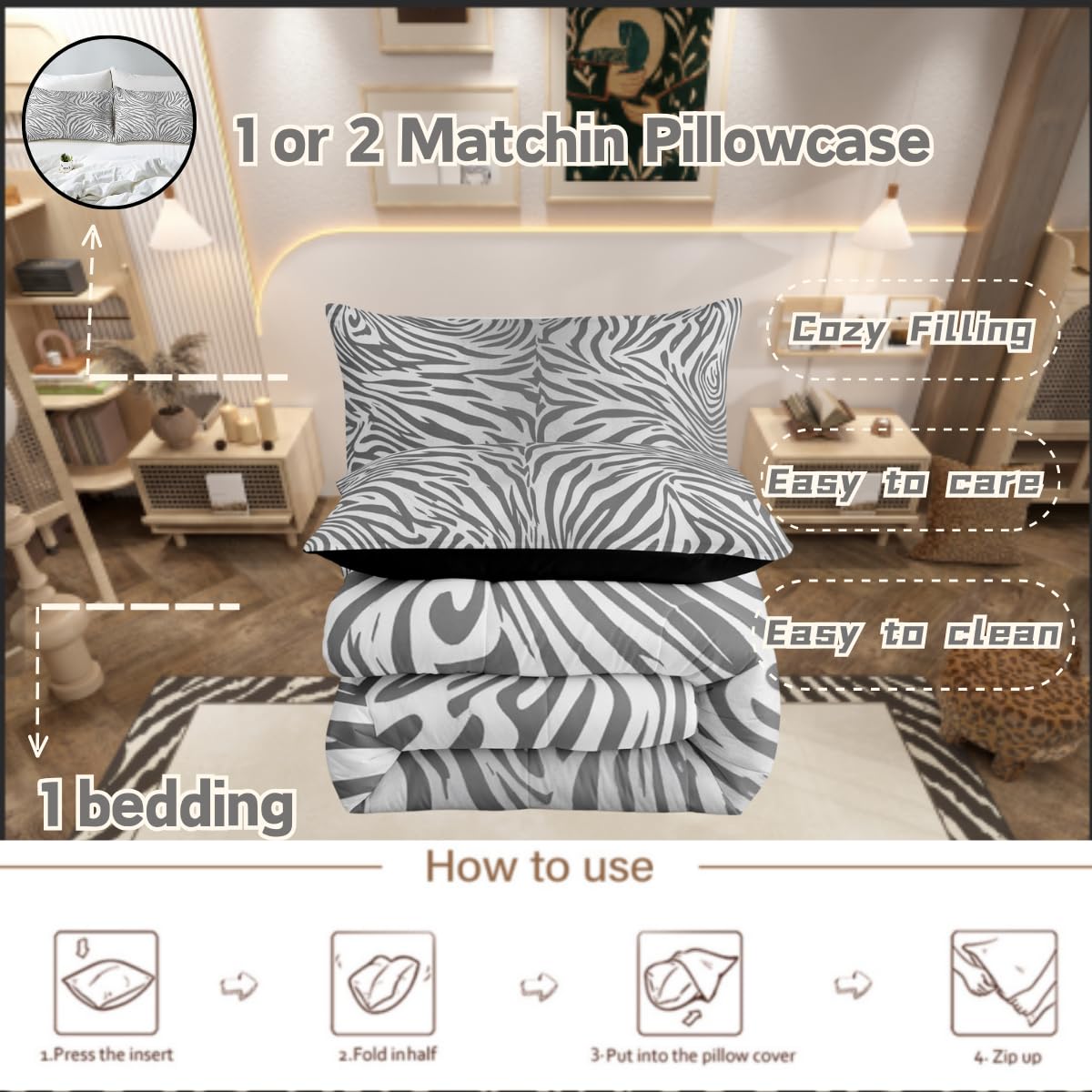 jejeloiu Leopard Bedding Set Soft for Boys Girls, Grey and White Tiger Texture Comforter Set Queen Size Animal Skin Duvet Quilt Cheetah Cowhide Bedroom Decor 3 Pcs with 2 Pillow Cases