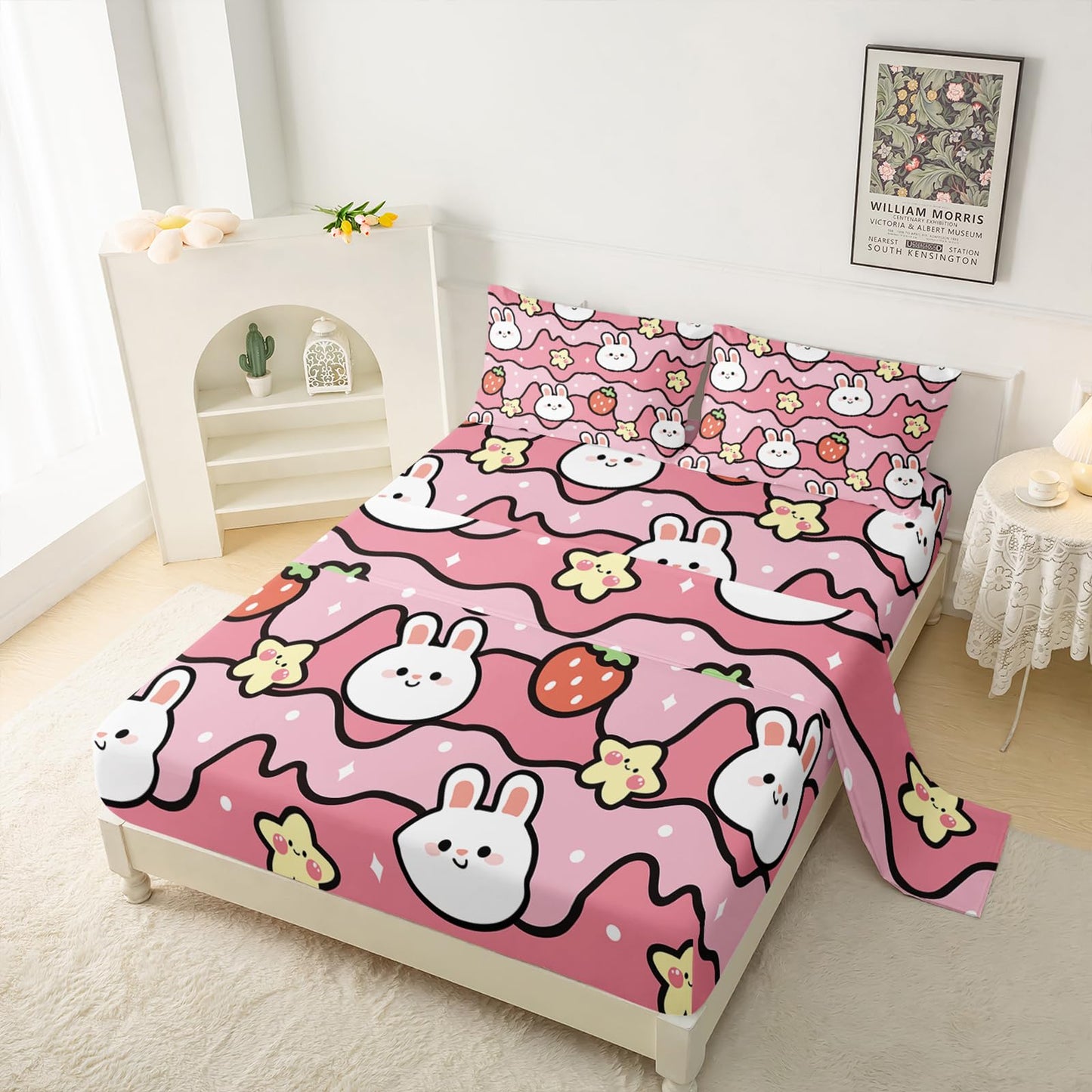 QOOMO Kawaii Rabbit Kids Sheets Twin Size,Kawaii Bunny 16" Deep Pocket Bed Sheet Set,Pink Strawberry Printed Bedroom Decor Sheet Set Soft and Breathable for Girls/Kids/Teens(Twin,Pink)