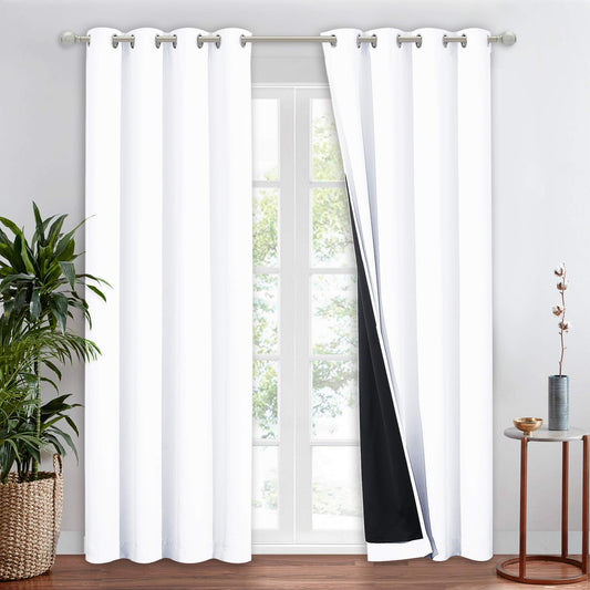 NICETOWN 100% Blackout Window Curtain Panel, Cold and Full Light Blocking Drape with Black Liner for Nursery, 84 inches Drop Thermal Insulated Draperies (White, 1 Piece, 52 inches Wide Each Panel)