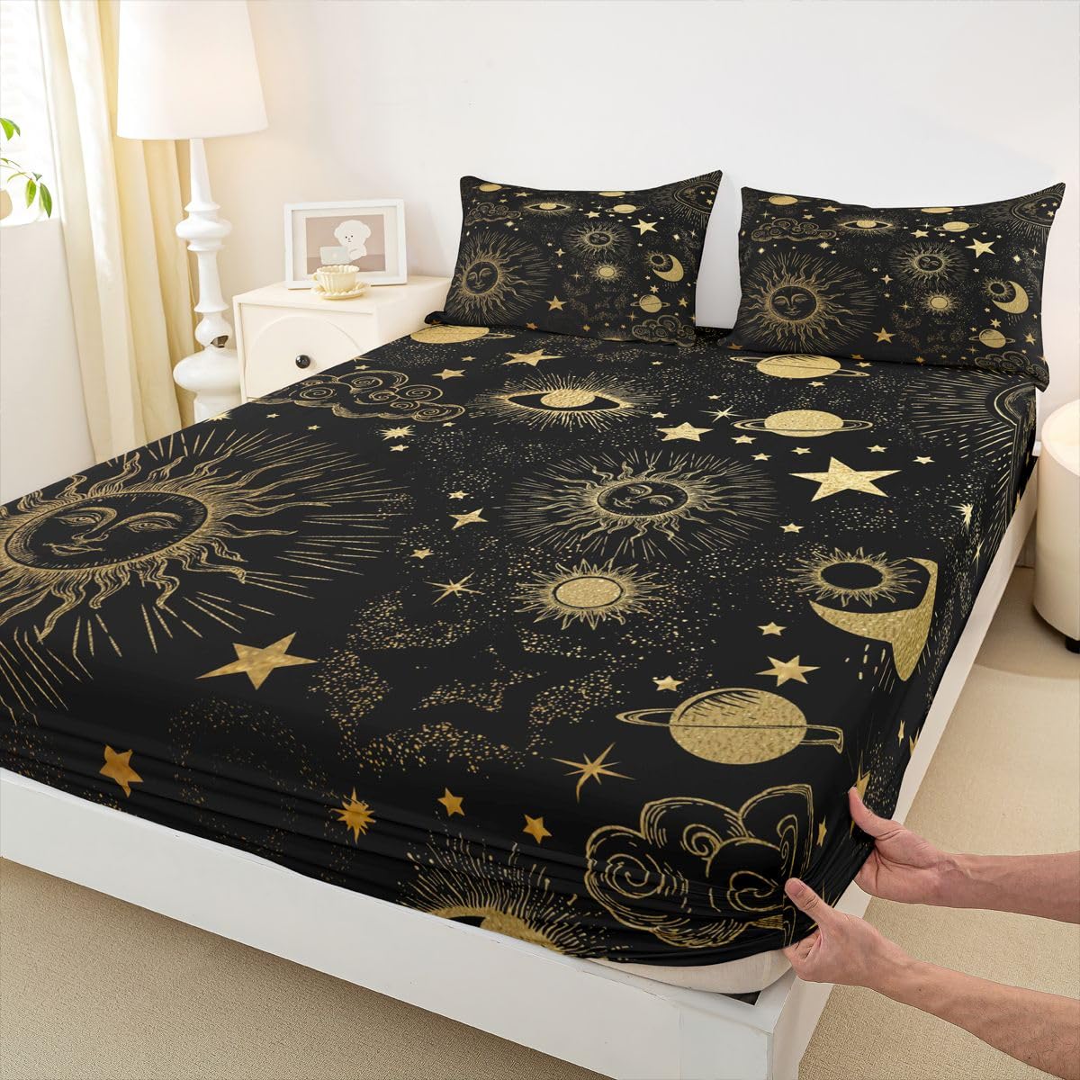 Erosebridal Star Moon Sheet Set Full Size, Starry Sky Series Bed Sheets Kids Child, Cosmic Planets Sun Face Pattern Fitted Sheet Boys Girls, Hippie Bed Cover, Soft Bohemian Bedroom Decor