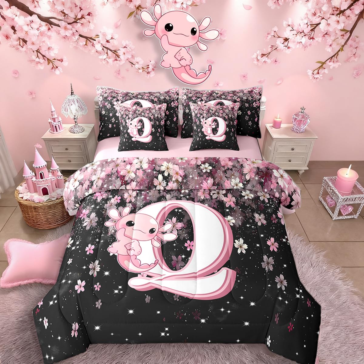 Erosebridal 7 Pieces Cute Letter Initial Q Bed in A Bag Twin Size | Cute Axolotl Comforter Set with Sheets for Kids Girls Teens Pink and White Cherry Blossom Bedding Set Kawaii Axolotl Quilt Sets