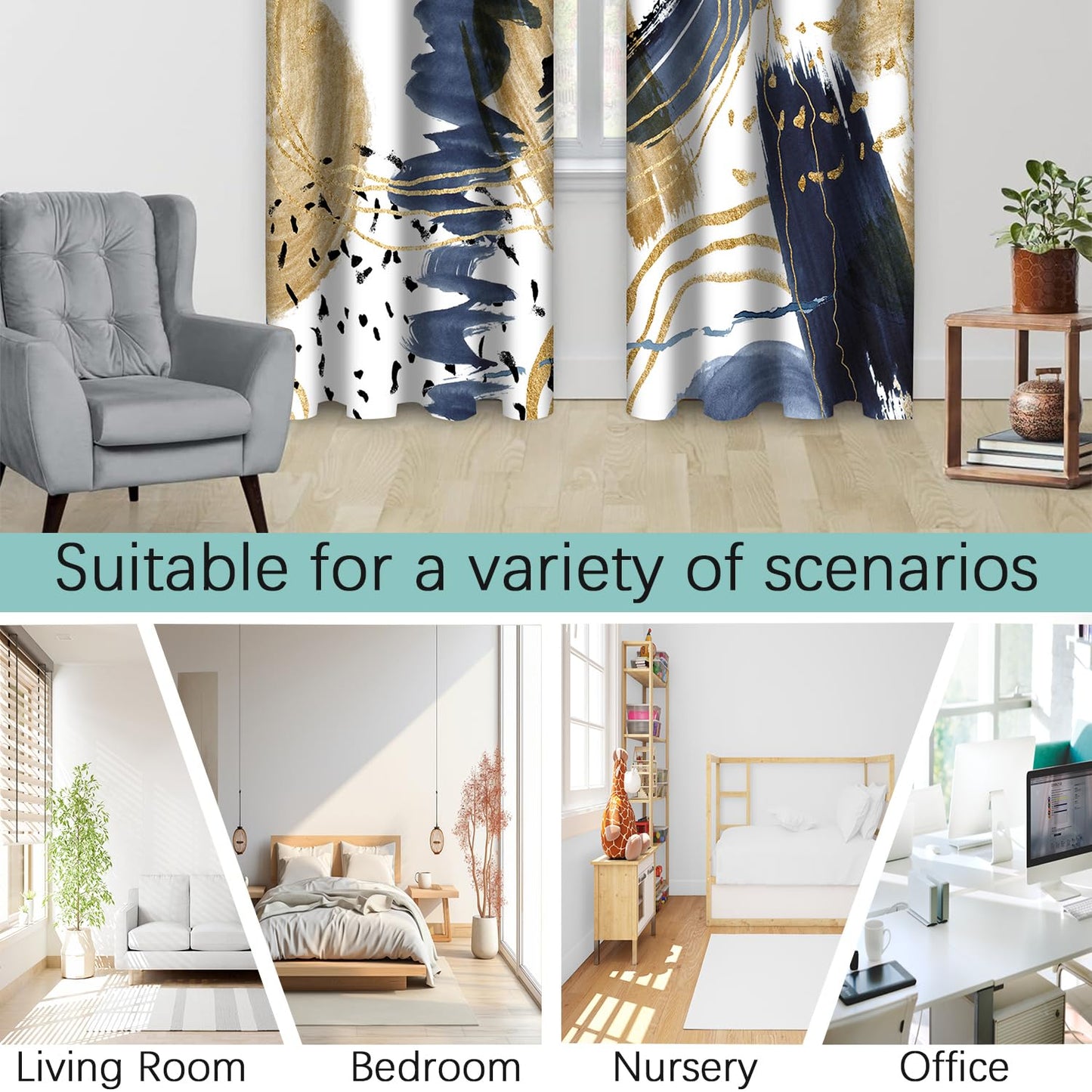 Aeyadis Abstract Blue Gold Blackout Curtain, Boho Aesthetic Modern Window Curtains Living Room Bedroom Decor Thermal Curtain Darkening Grommet Window Drapes Treatments, 2 Panels 52x84 Inch