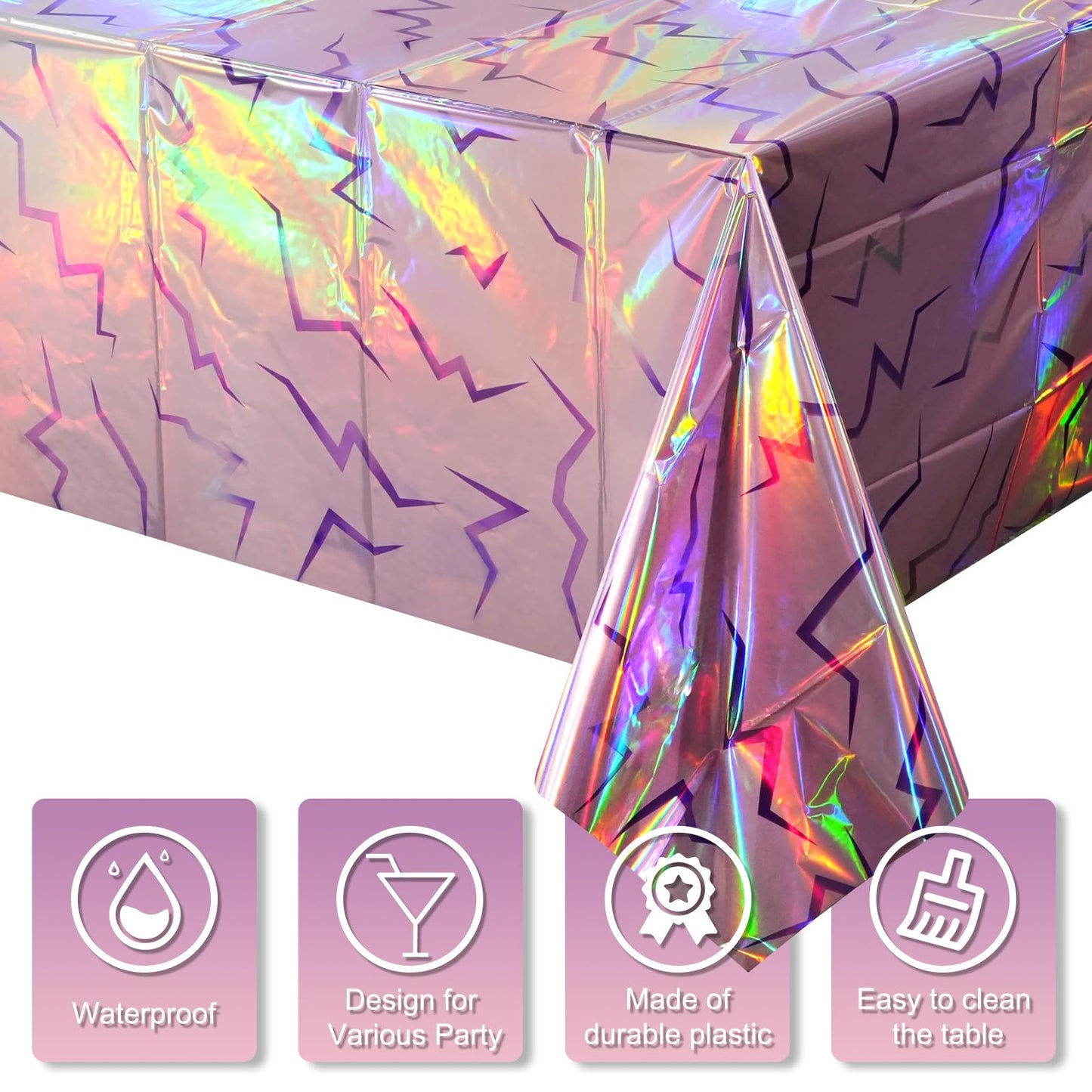 Hallswl 3 Pcs Iridescent Pink and Purple Lightning Tablecloths, Disposable Kpop Table Cloth, Plastic Rectangle Table Covers for Birthday, Bachelorette, Iridescent Party Decorations, 54 x 108 Inch