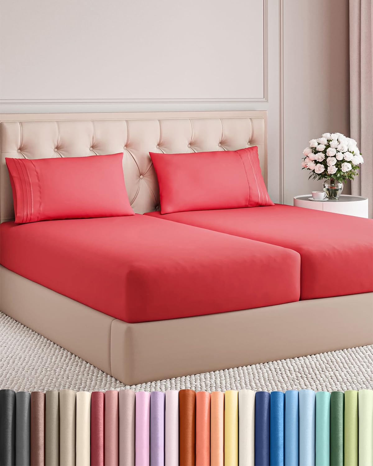 Split King Size 5 Piece Sheet Set - Comfy Breathable & Cooling Sheets - Hotel Luxury Bed Sheets for Women & Men - Deep Pockets, Easy-Fit, Extra Soft & Wrinkle Free Sheets - Red Oeko-Tex Bed Sheet Set