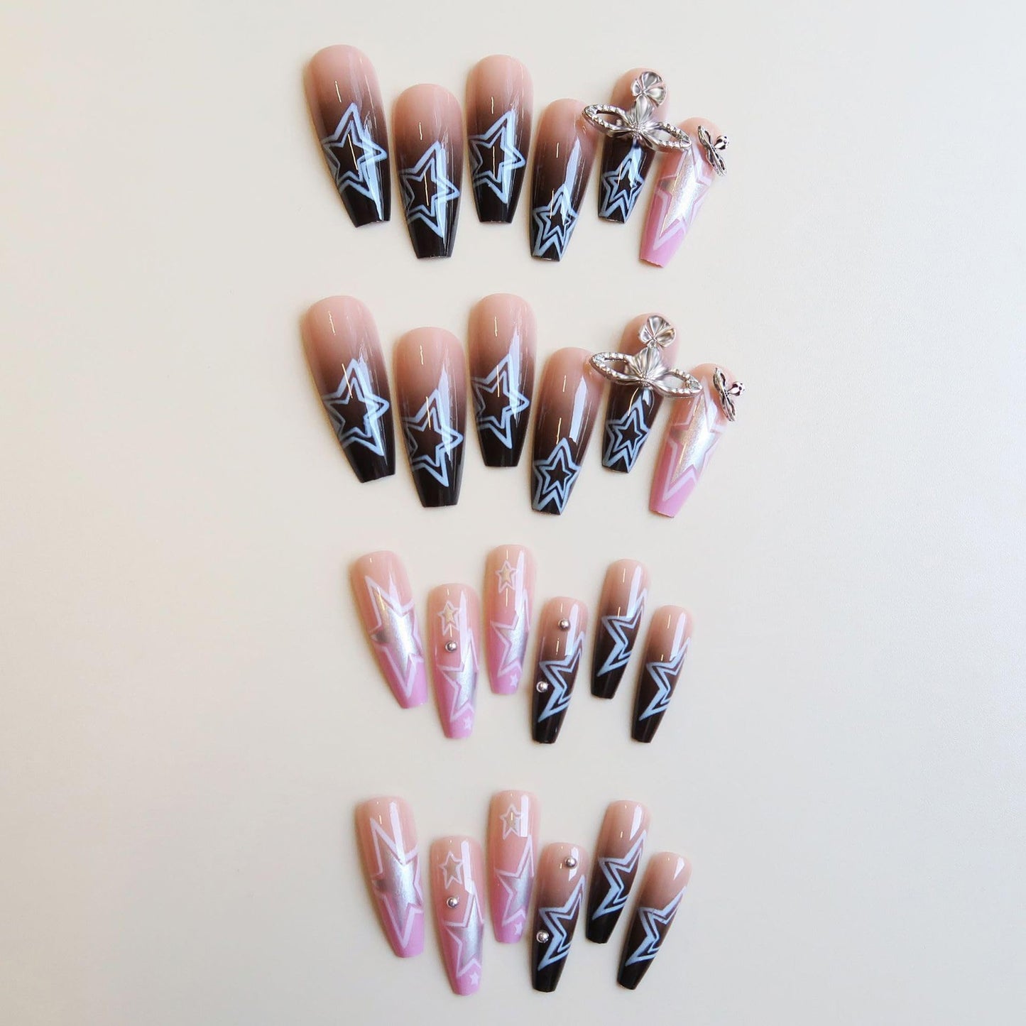 BABALAL Long Coffin Press on Nails - Y2K Goth Black and Pink Star Planet Rhinestone Design Acrylic Glue on Nails for Women and Girls 24 Piece