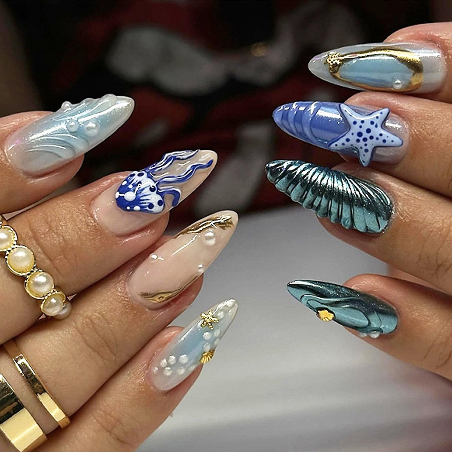 IMSOHOT Press on Nails Almond Medium Fake Nails Glossy Full Cover Blue Chrome False Nails with 3D Sea Star & Medusa Designs Artificial Glue Stick on Nails for Women Girls 24Pcs