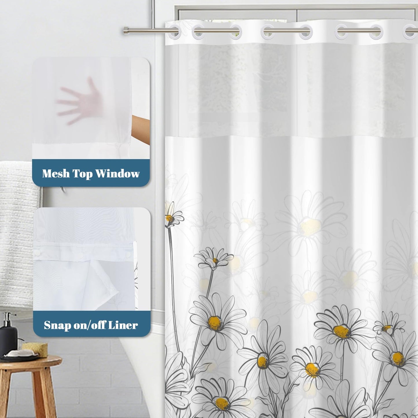 Xiazhilaio Daisy Floral Shower Curtain with Snap in Liner - Spring Summer Themed Flower Bath Shower Curtain No Hooks, Waterproof Double Layer Bathroom Curtain with Mesh Top Window, 71″W x 74″L