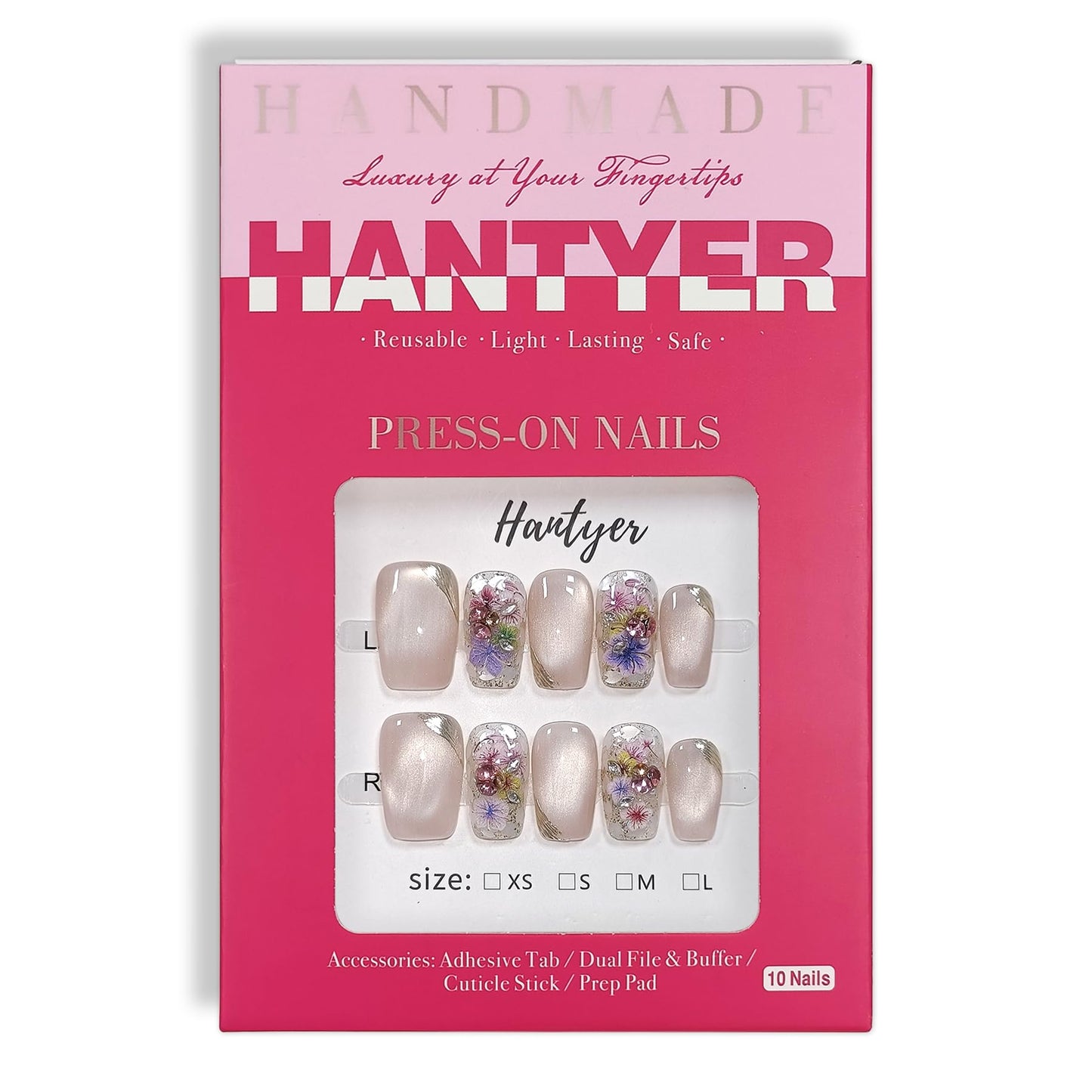 Hantyer 10pcs Press on Nails, Medium Coffin Glossy Fake Nails, Nude Cat Eye Nails with Colorful Dried Flowers & Gold Wire, Reusable Elegant False Nails for Wedding Party Date (Size M)