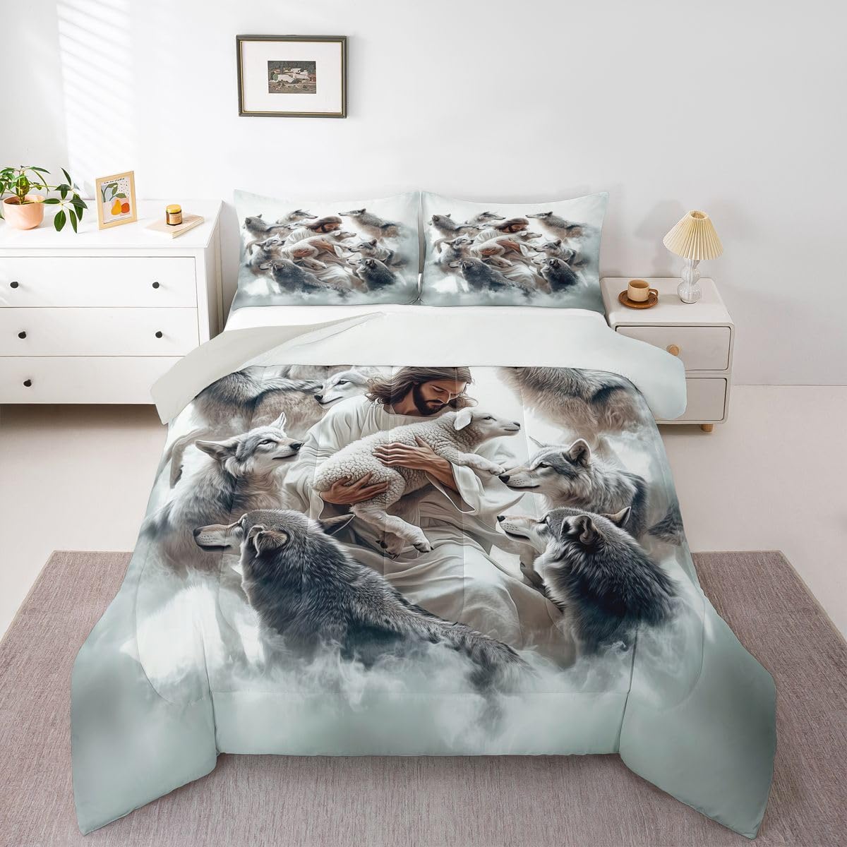 God and Lamb Kids Comforter Set Twin Size,Saving the Lost Sheep Western Bedding Set Boy Girl Room Decor,Bible Verse Spiritual Quilt Comforter,White Gray Duvet Set Bedroom Quilt Set,1 Pillowcase