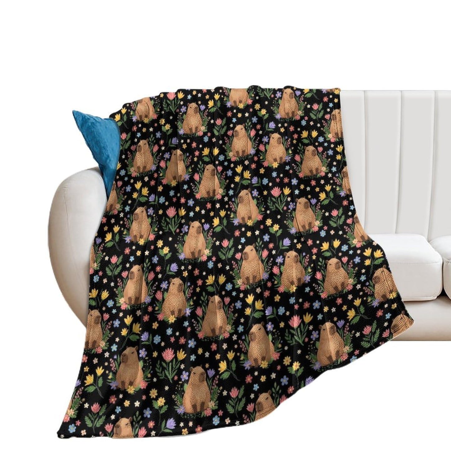 Soft Throw Blanket Cozy Warm Blanket for Bed, Sofa and Couch, Fashion Home Decor Bedspread Compatible with Floral Flowers Cute Capybara Black