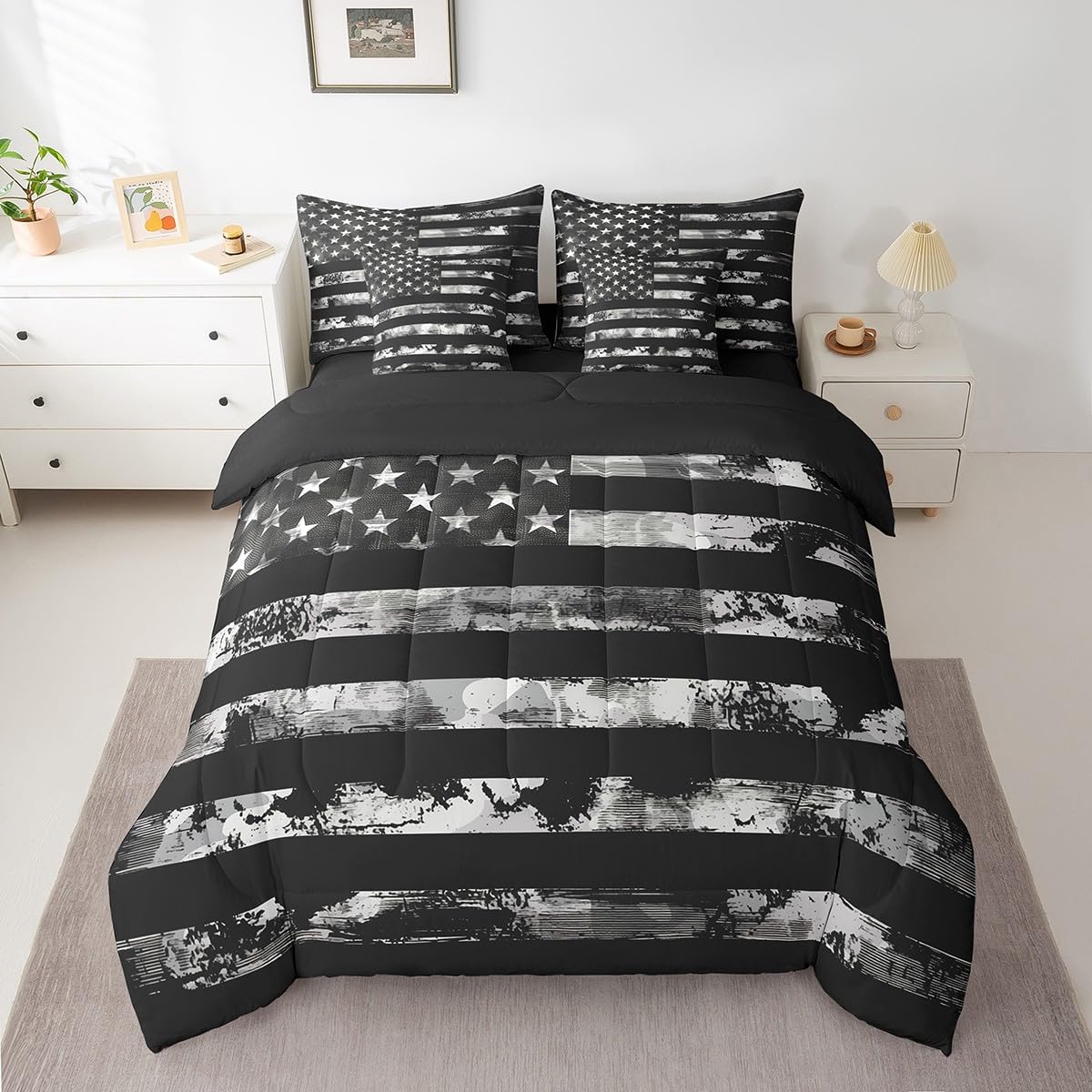 Erosebridal 7 Pcs Black Camo Comforter Set Twin Size,Camouflage American Flag Bed in a Bag with Flat Fitted Sheet for Kids and Adults,Retro USA Flag Bedding Set with Pillowcases and Cushion Cases