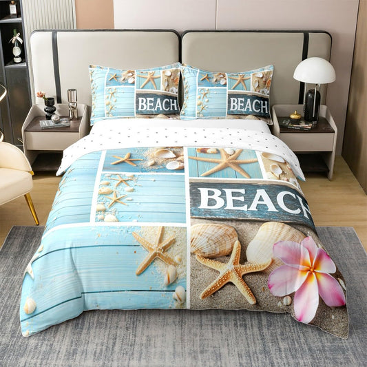 100% Cotton Hawaii Bed Sets Starfish Seashell Duvet Cover Pink Cherry Blossom Bedding Set Twin Coastal Sealife Patchwork Comforter Cover Farmhouse Decor Lodge Cabin Bed Cover with Zipper Closure