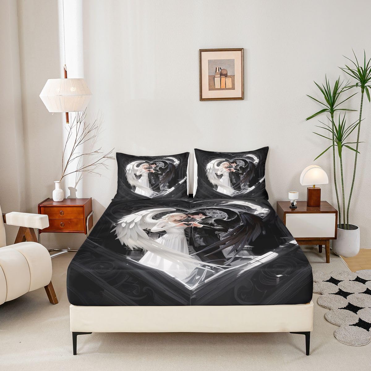 Erosebridal Angel Wings Sheet Set Full Black and White Angel Bed Sheets Set Romance Love Sheets for Boys Girls Princess Fairy Style Flat Fitted Sheet with 2 Pillow Cases