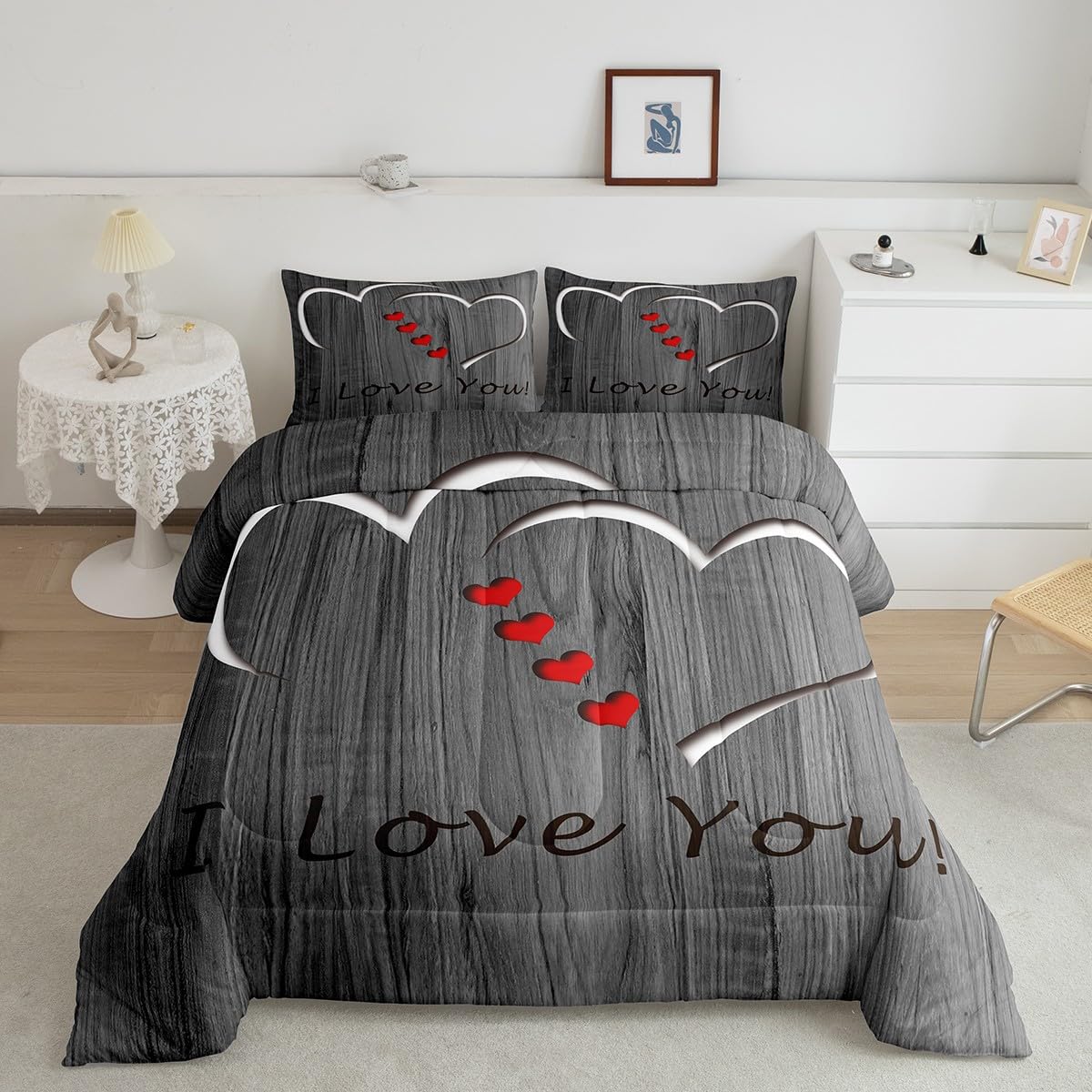 Erosebridal I Love You Bedding Queen,Simple Wooden Comforter Set,Romantic Valentine Gifts Down Comforter,Love Hearts Bedding Comforter Sets
