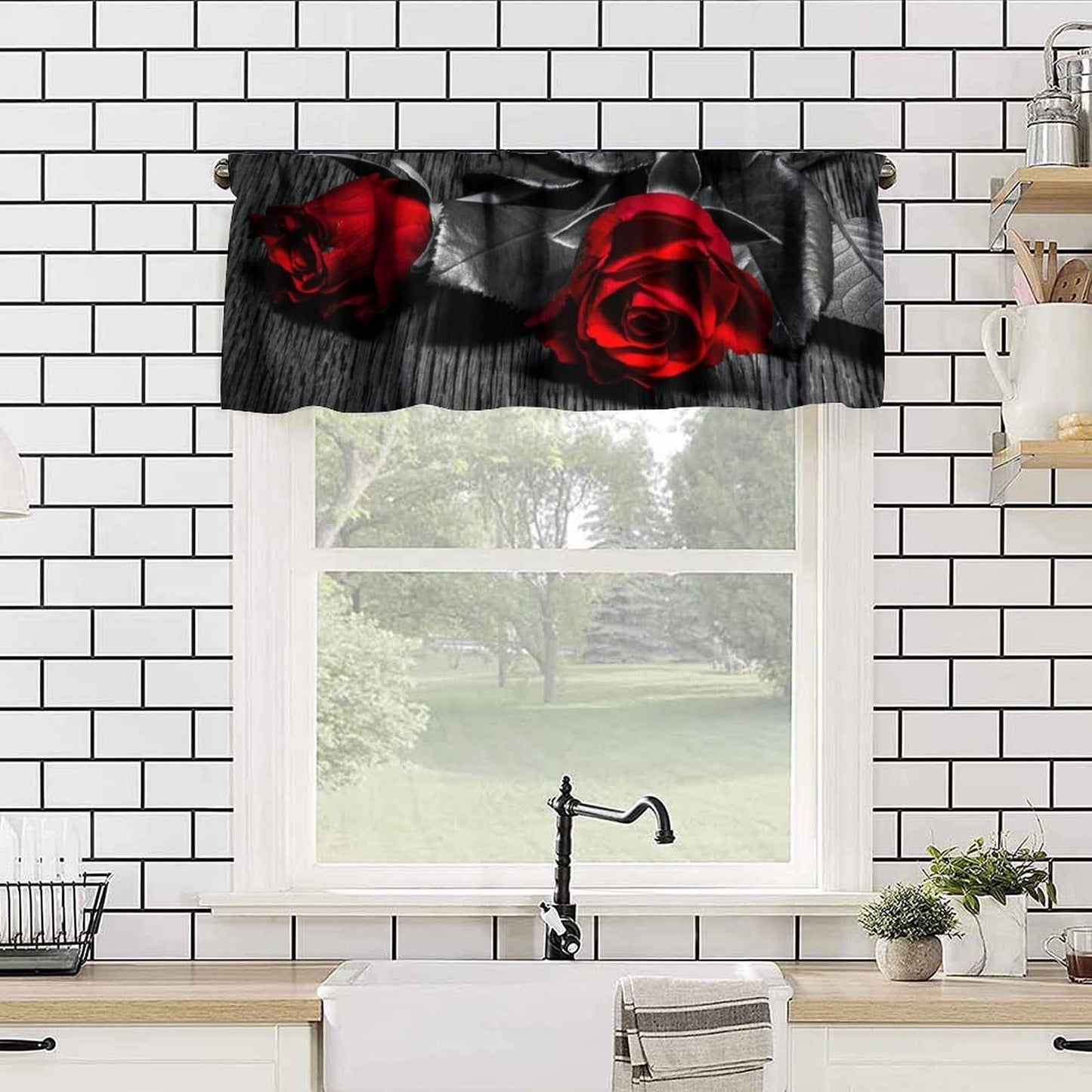 AAVEUP Rose Valance Curtain Romantic Retro Country Style Black and White Elegant Art Red Rose Valances Window Treatment for Kitchen Girls Bedroom Living Room 54x18In