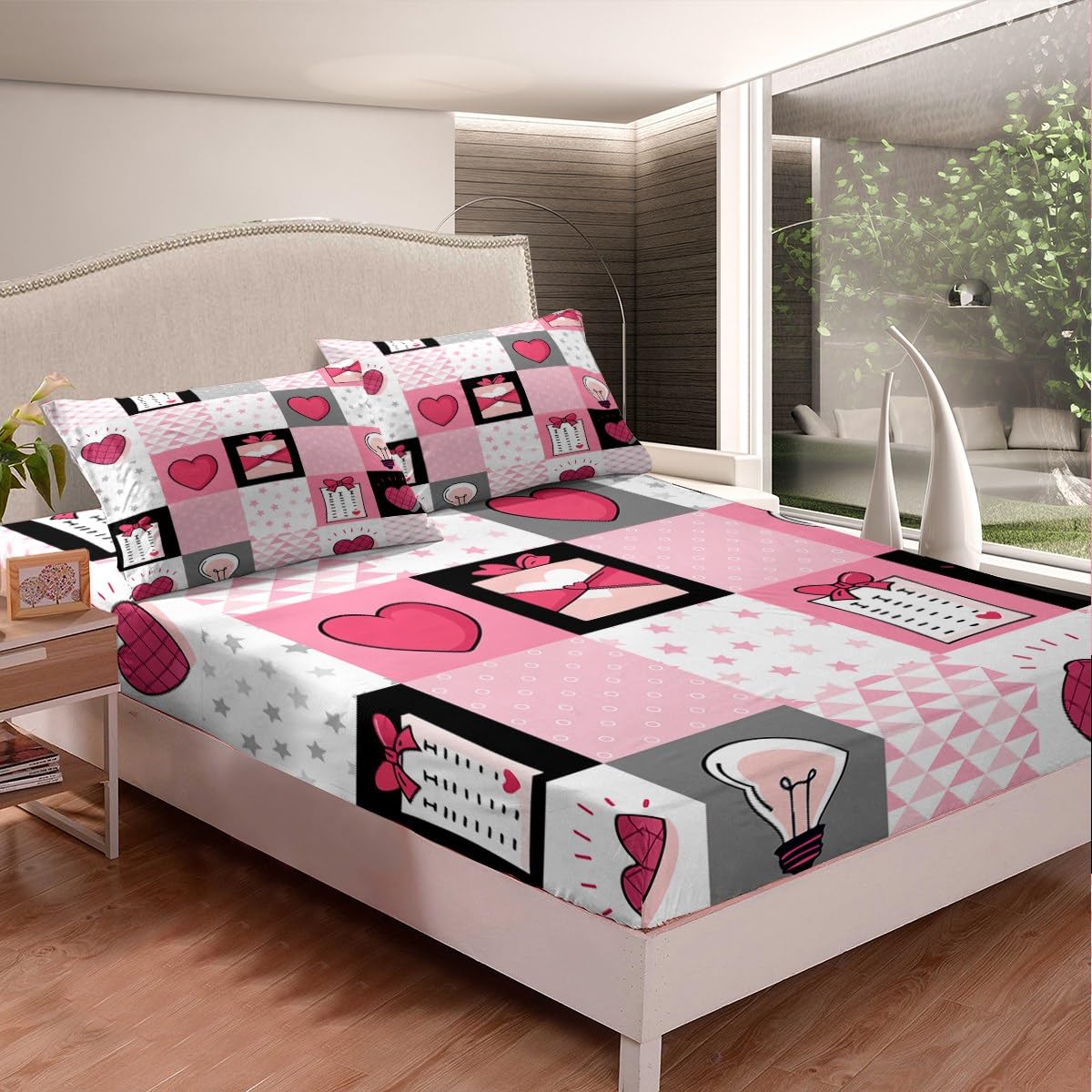 Feelyou Boys Girls Valentine's Day Bed Sheet Set Full Size, Glitter Pastel Fitted Sheet Kids Love Heart Bedding Set Romantic Teens Bed Cover Bedroom Decor with 2 Pillow Case (No Flat Sheet)