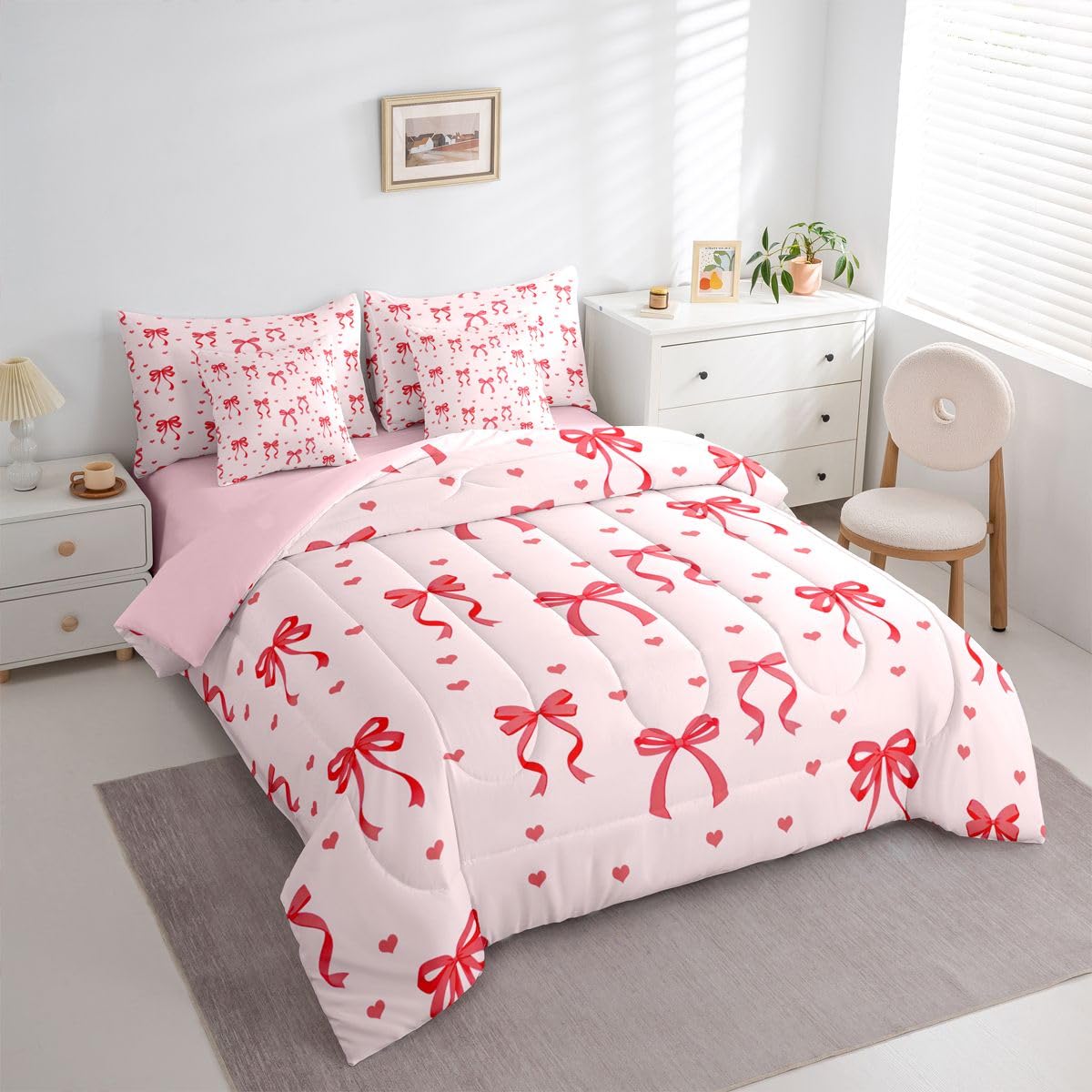 Erosebridal Kawaii Bowknot Full Size Comforter Set,Dreamy Princess Style 7-Piece Bed in A Bag,Girly Cute Bow Sheets and Pillowcases,Pink Red Bow Tie Bedding Set Room Decor